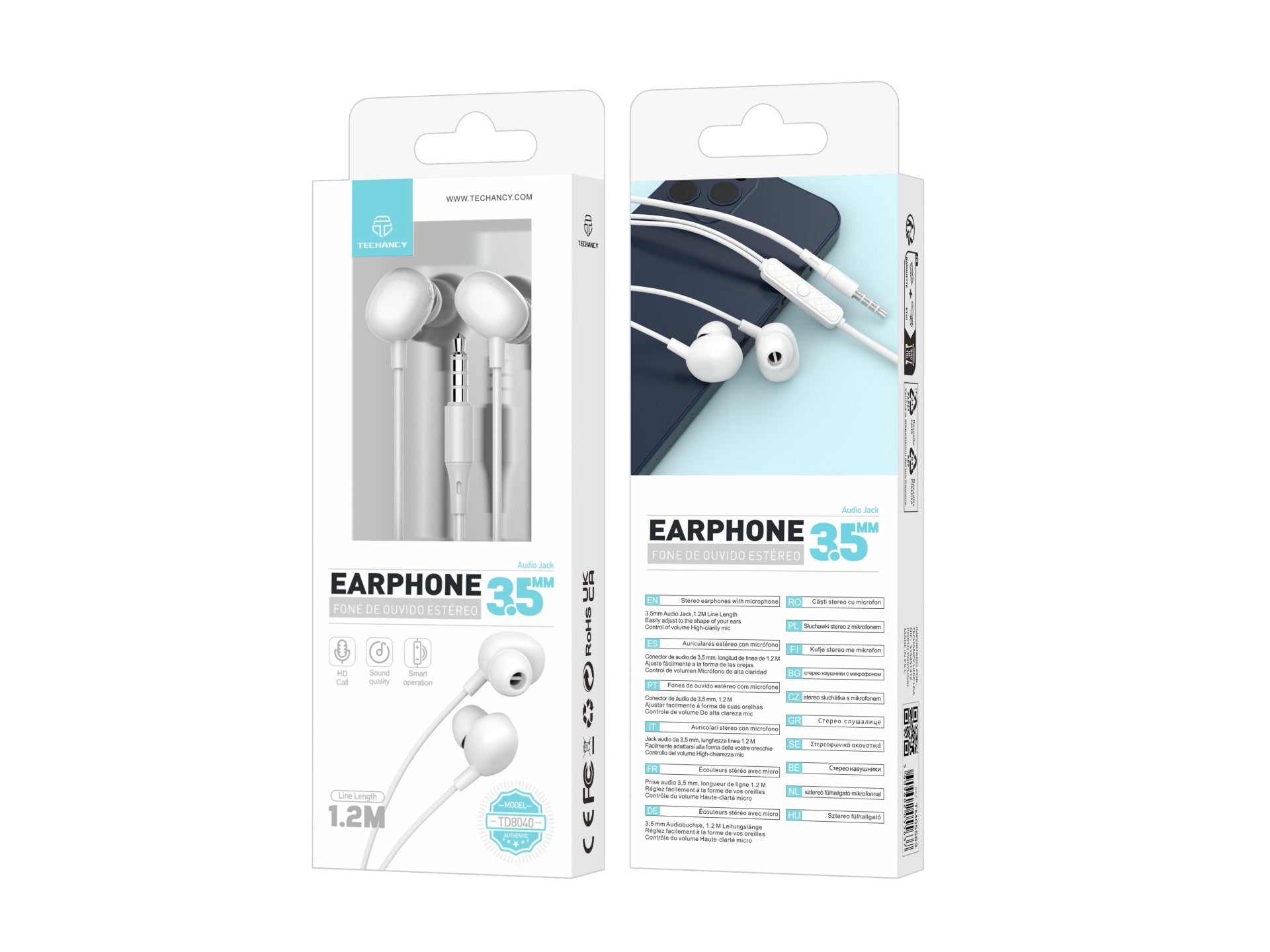 Techancy Auricular Com Fios De 3,5 Mm Branco TD8040, Auricular Com Função De Microfone, Compatível Com Telemóveis/Pc/Mp3, Etc.