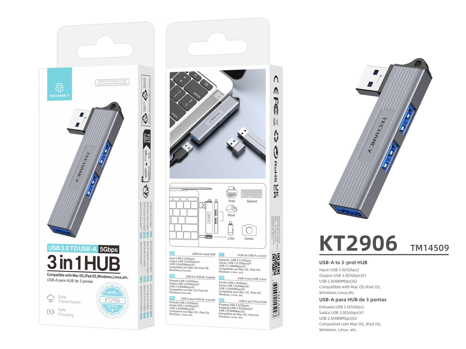 Techancy USB-A a USB 3.0 3 en 1 Techancy KT2906, compatible con Mac OS/iPad OS/Windows, velocidad de transmisión de 5 Gbps, carga segura