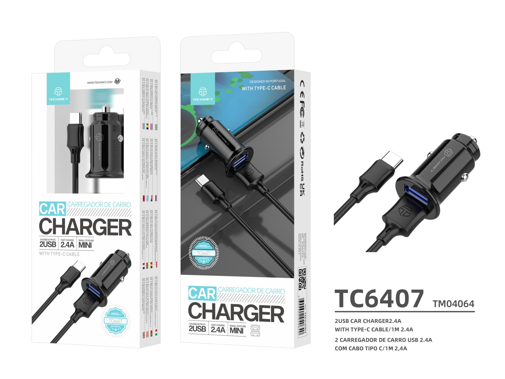 Techancy TC6407 Mini Car Charger, 2USB Charging 2.4A, USB-Type-C Data Cable Set 1m, Black