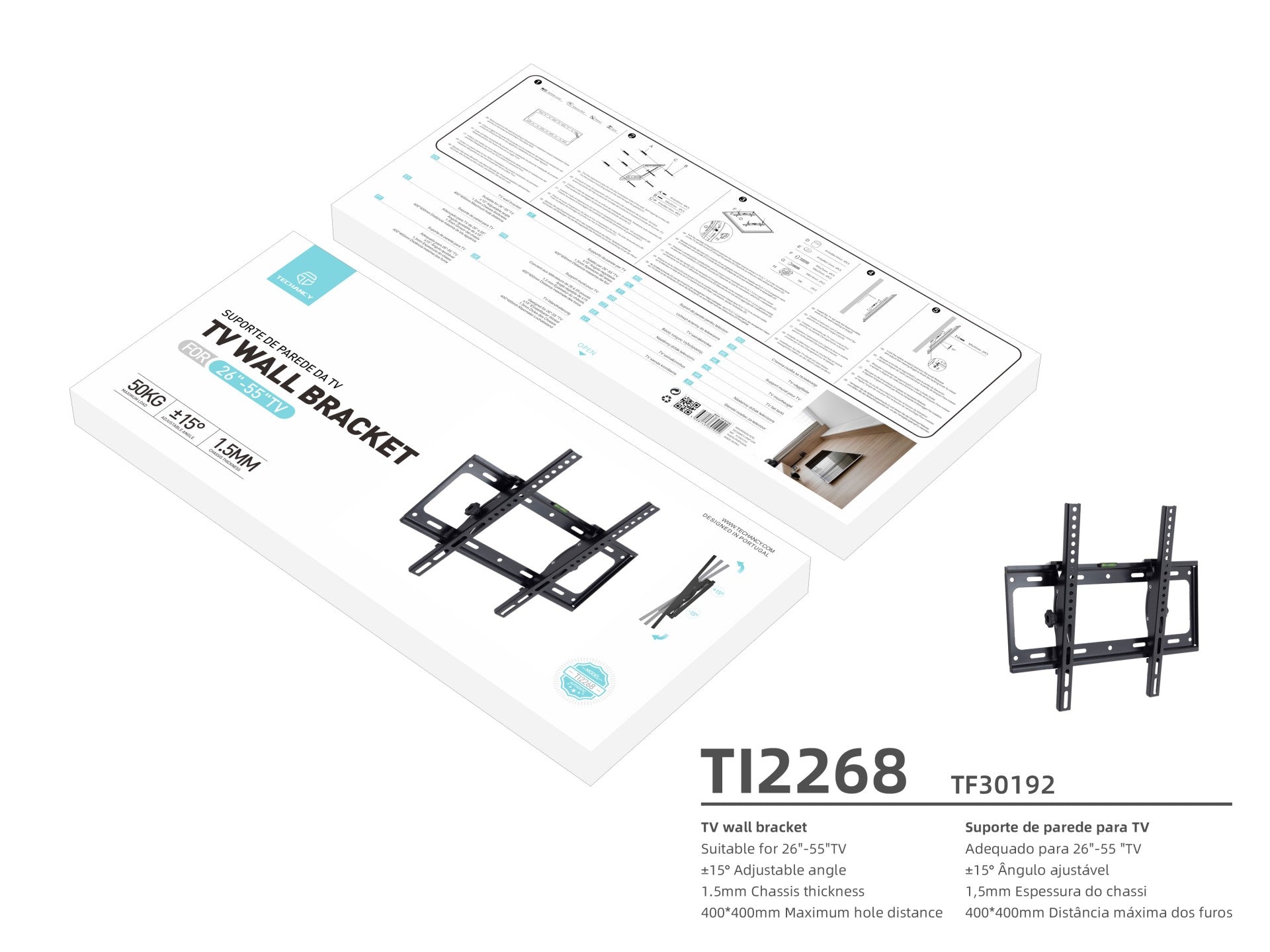 Suporte de parede para TV Techancy, 50 kg, ângulo ajustável, TI2267, compatível com TVs de 26 a 55 polegadas, preto