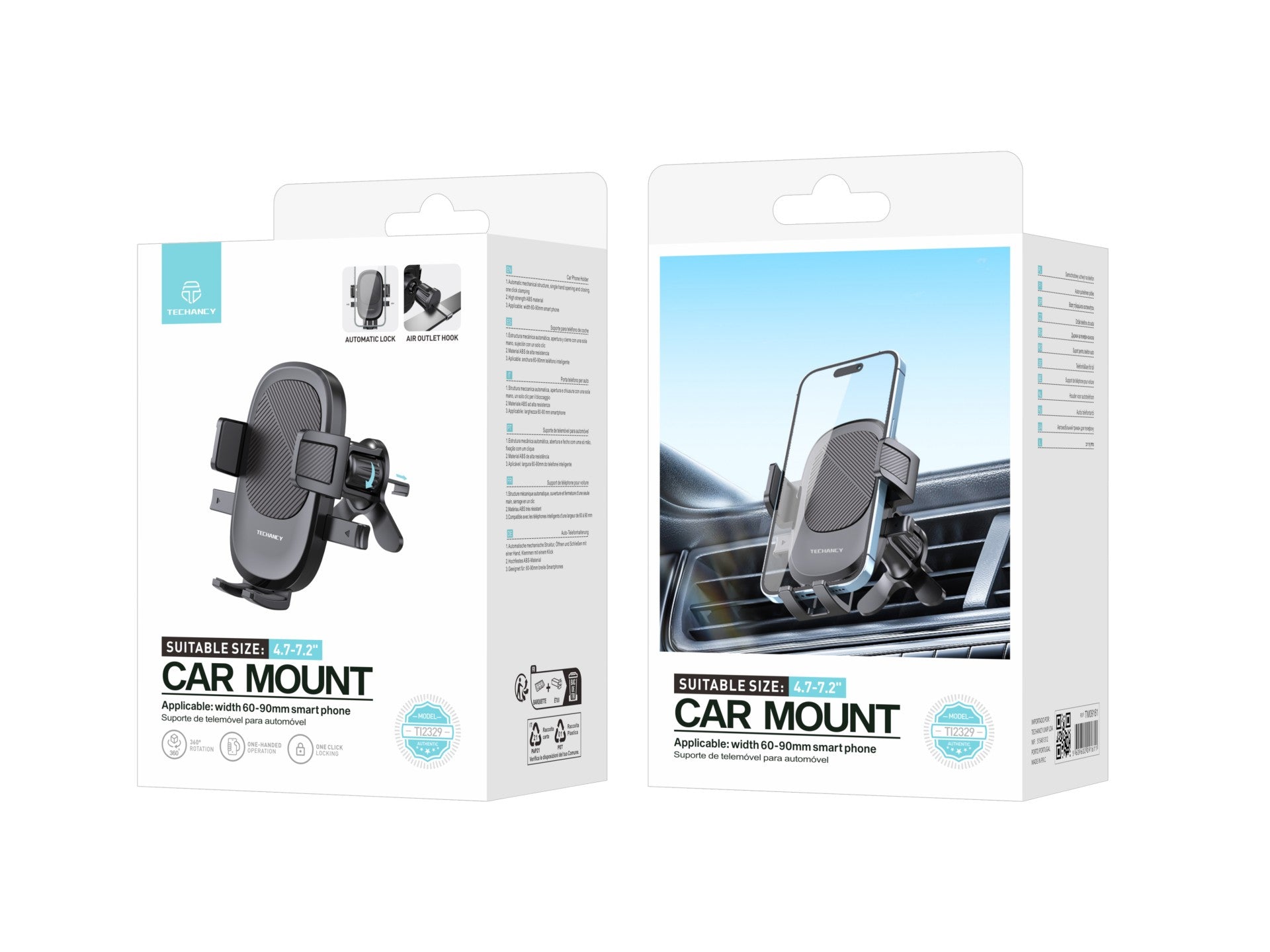 Soporte para teléfono de coche Techancy Ti2329, color negro, para rejilla de ventilación, para teléfonos de 4,7 a 7,2 pulgadas