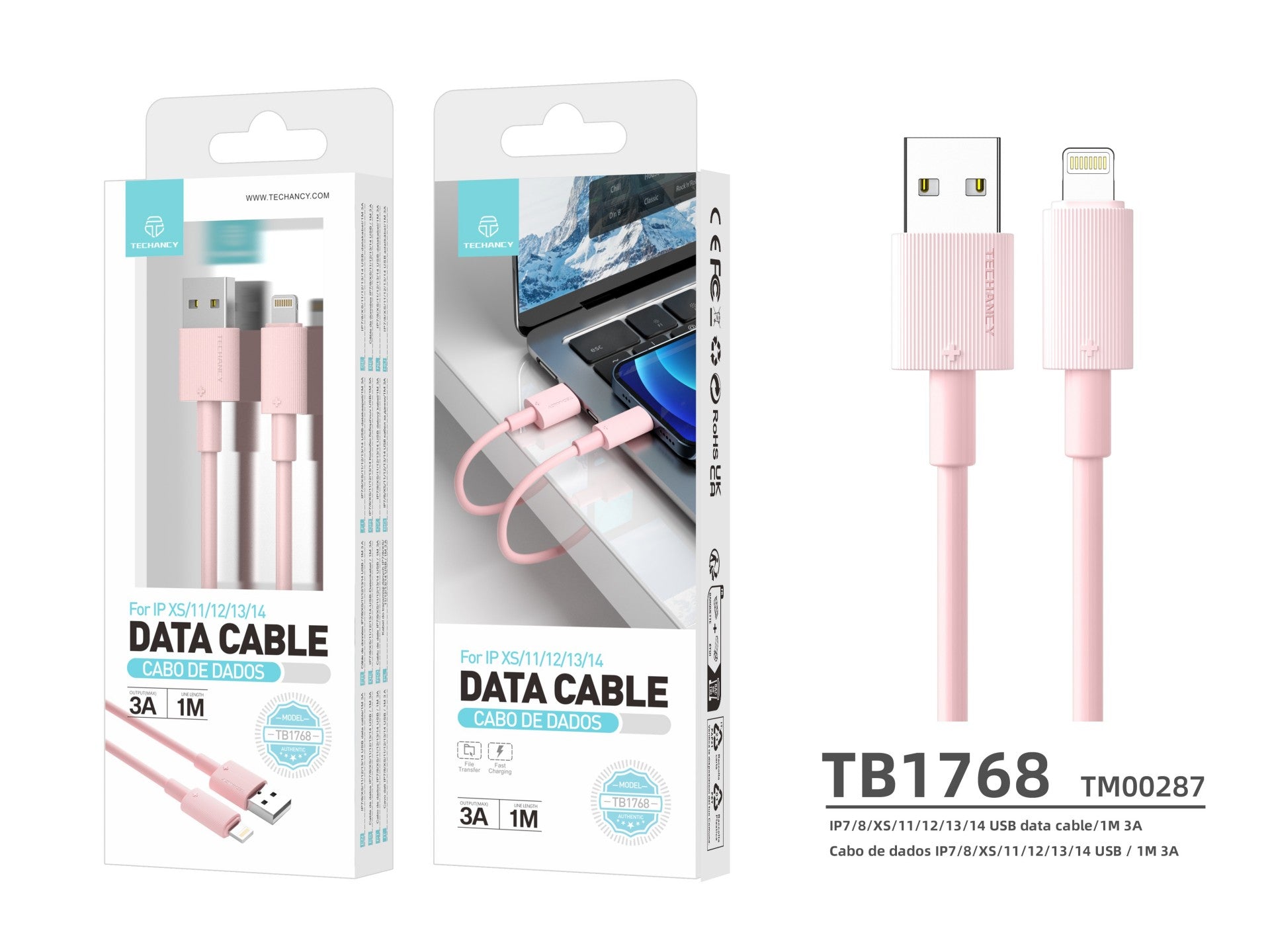 Cable de datos USB-Lightning Techancy rosa TB1768, longitud 1 m, admite corriente de 3 A y transferencia de datos de 480 Mbps.