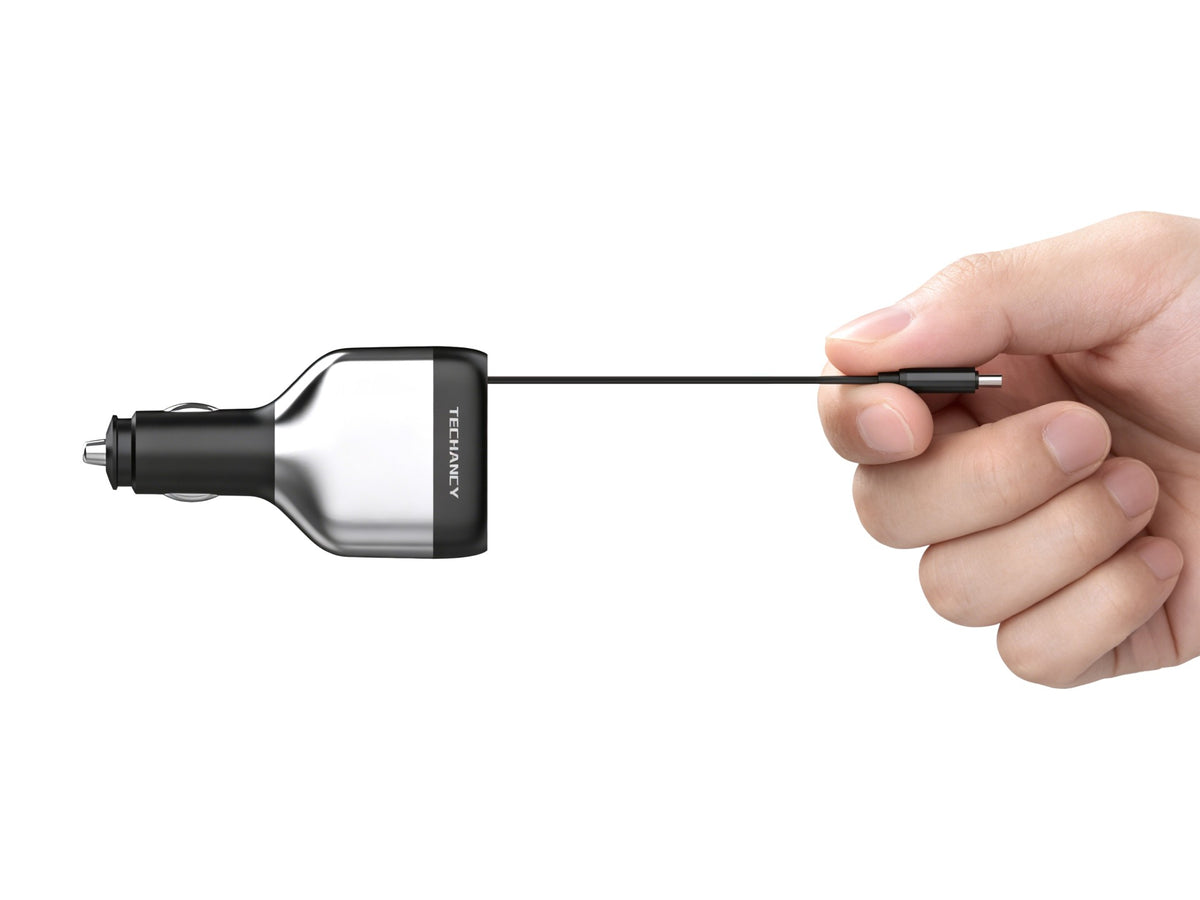 Carregador de Isqueiro para Carro Techancy TC6516, 84W PD, 3 Portas, Cabo USB-C Retratil de 80cm, USB-A, Preto e Prateado