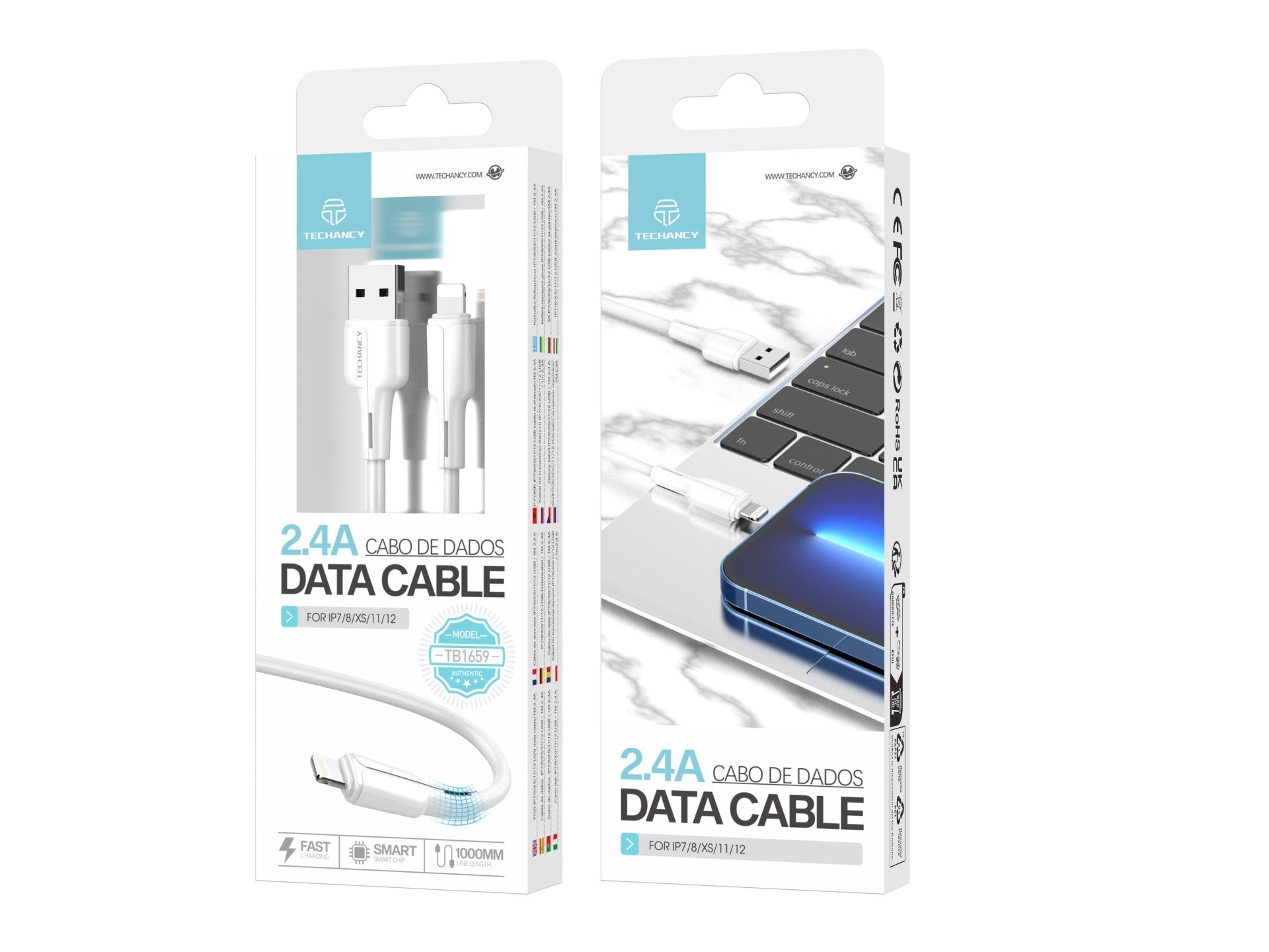 Techancy Cabo De Dados Usb-Lightning Branco 1M TB1659,Carregamento Rápido De 2,4 A, Suporta Transmissão De Dados, Material Pvc