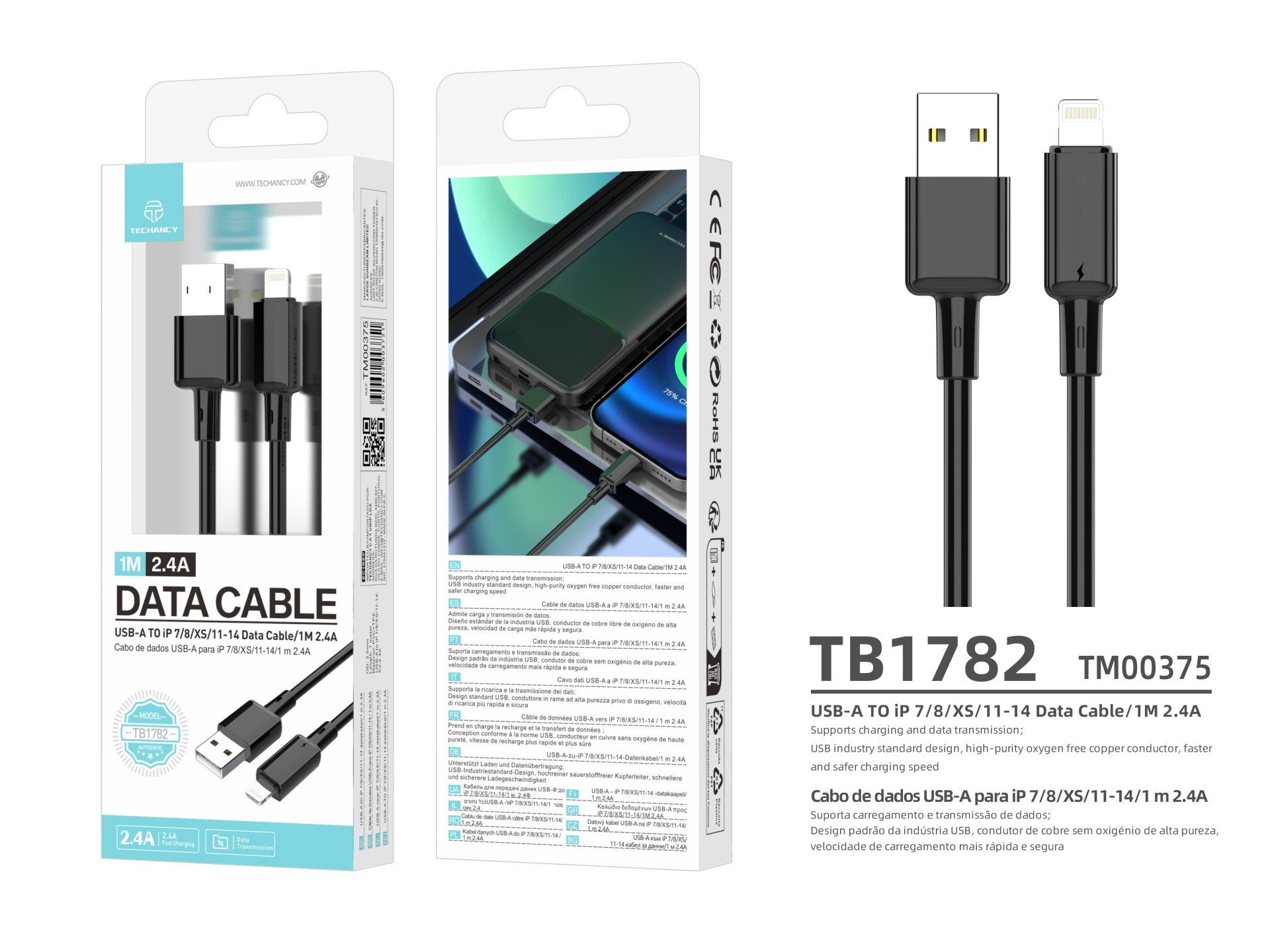 Techancy Cabo USB A para iPhone TB1782 1m 2.4A Carregamento rapido e dados iPhone 7 8 XS 11 12 13 14 Preto