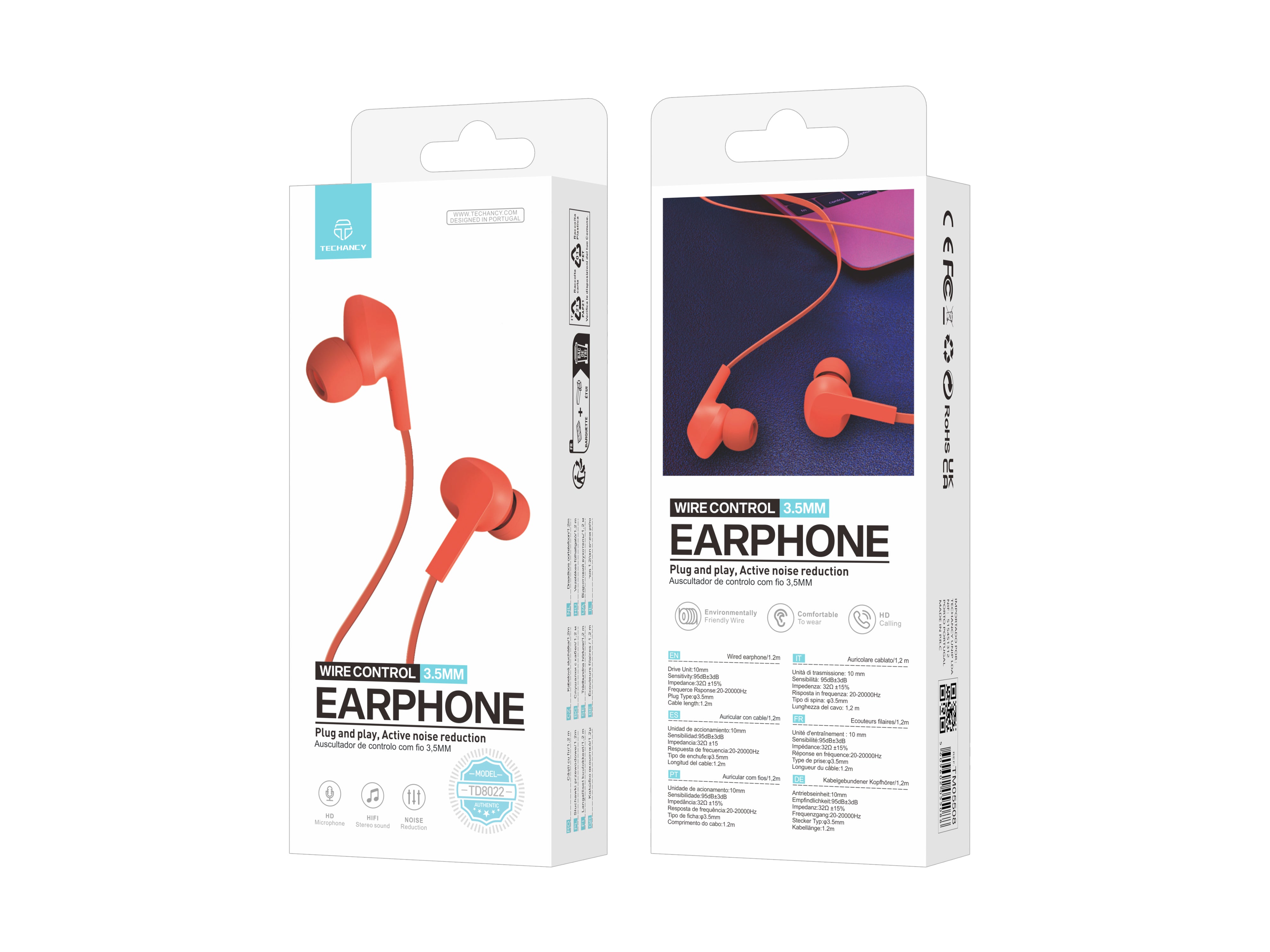 Techancy Auricular Com Fios Laranja TD8022 , Microfone Integrado, 3,5 Mm, Compatível Com Smartphones E Tablets