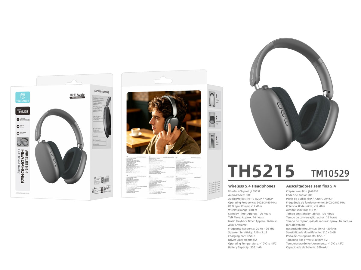 Auscultadores Bluetooth Techancy TH5215, Bluetooth 5.4, Drivers 40mm, Autonomia 16h, Bateria 300mAh, USB-C, Cinzento