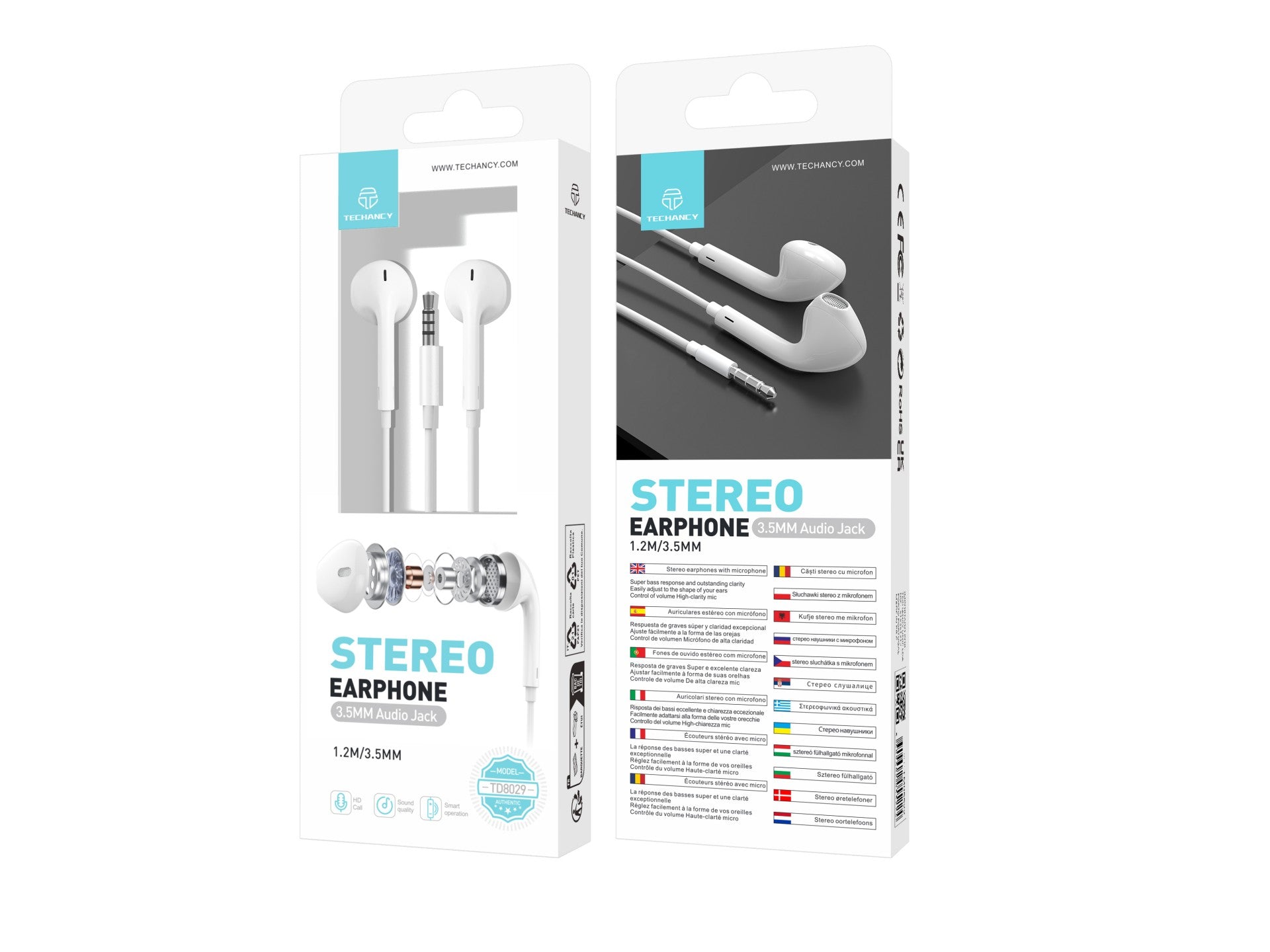 Techancy Auscultadores Intra-Auriculares Brancos 1,2 M TD8029, Com Controlo De Volume Do Microfone, Conetor De 3,5 Mm