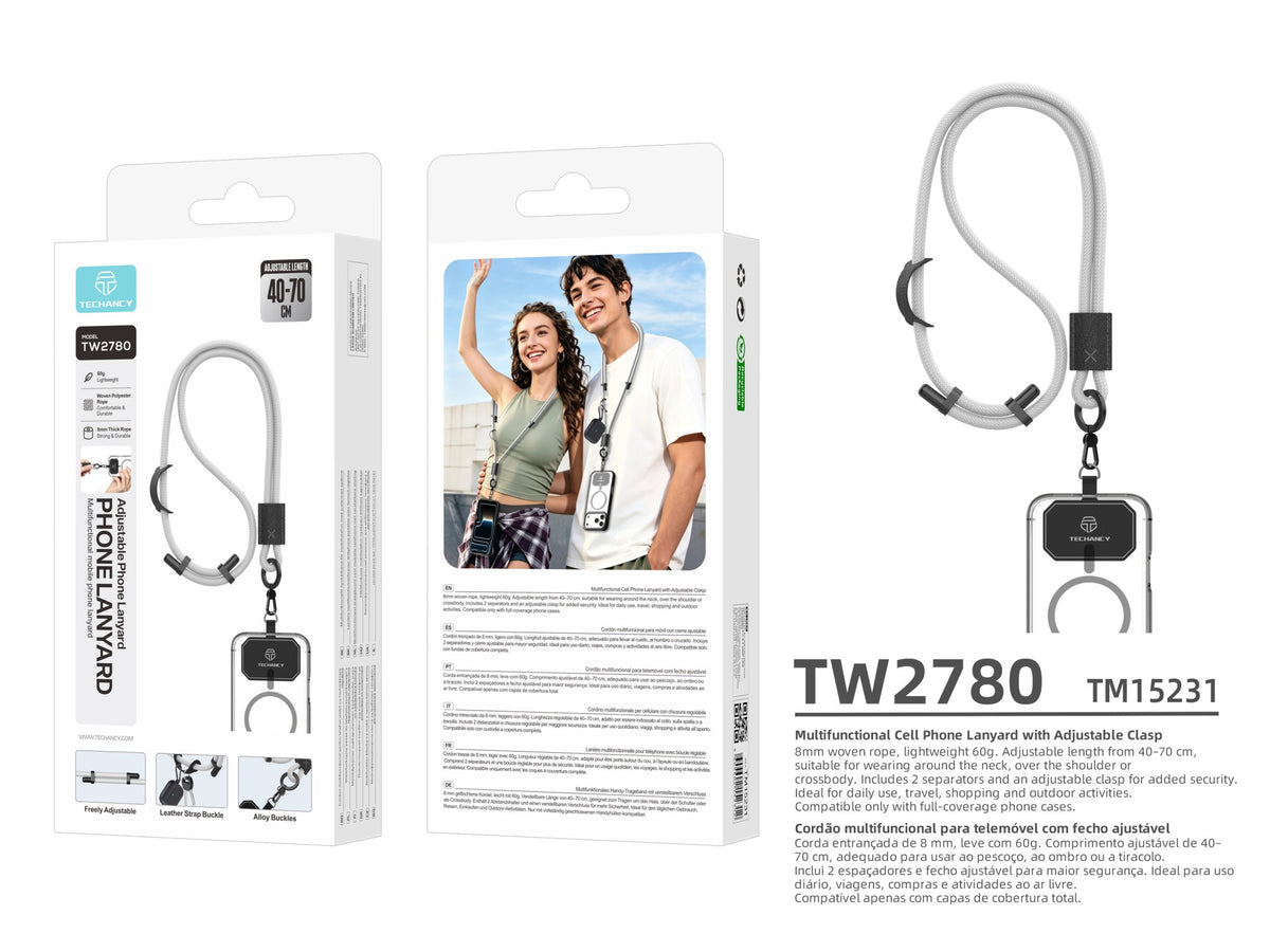 Cordao para Telemovel TECHANCY TW2780, Ajustavel 40-70 cm, Corda Entrancada 8 mm, Pescoco e Tiracolo, Rosa