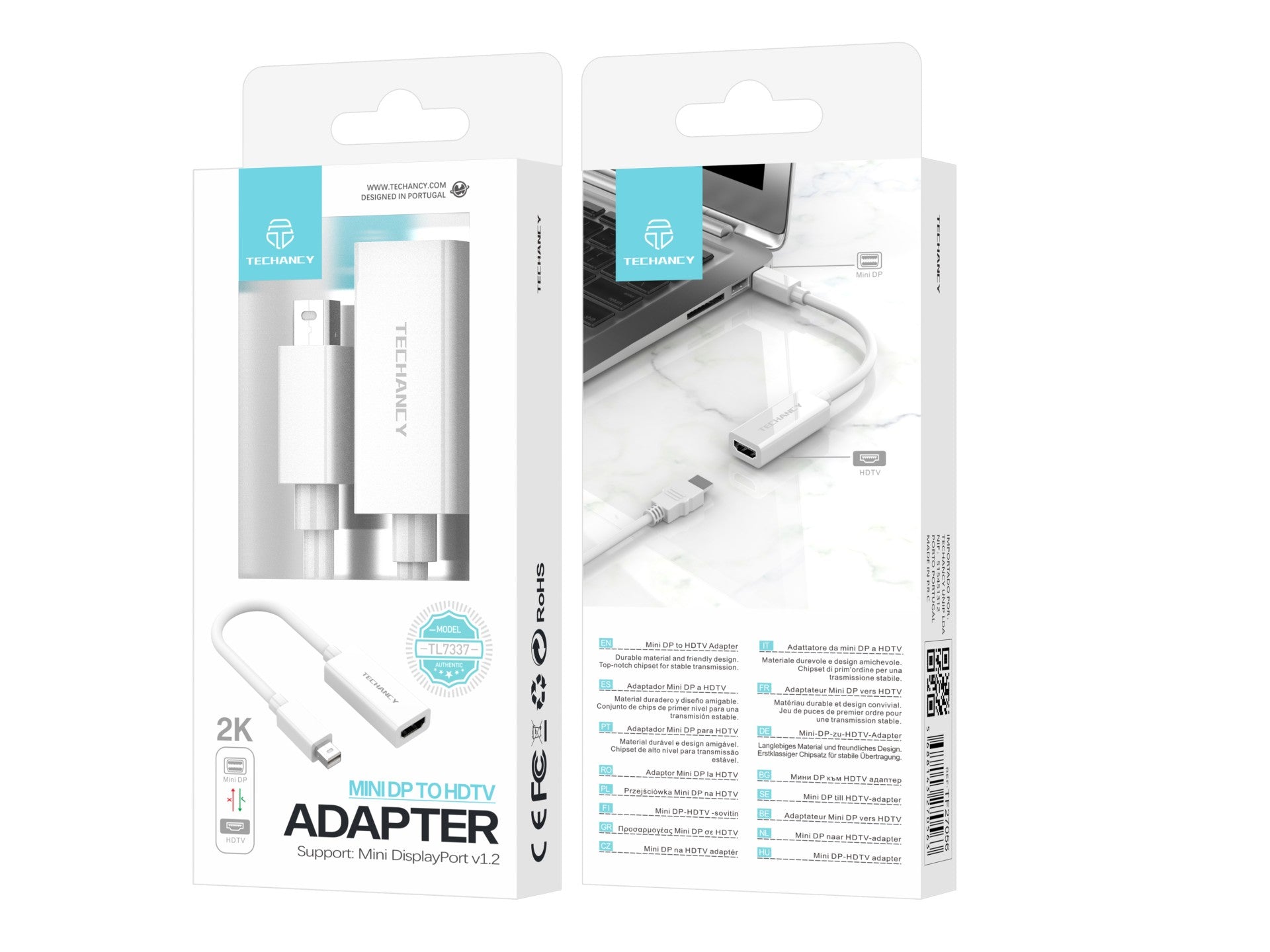 Adaptador de vídeo Techancy Mini DP para HDTV, TL7337, transmissão 2K HD, branco