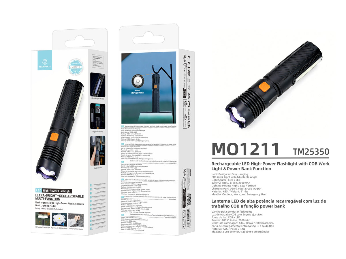 Techancy MO1211 Rechargeable LED Flashlight with COB Light, USB-C, Power Bank Function, Light Modes, for Outdoor Use, Black