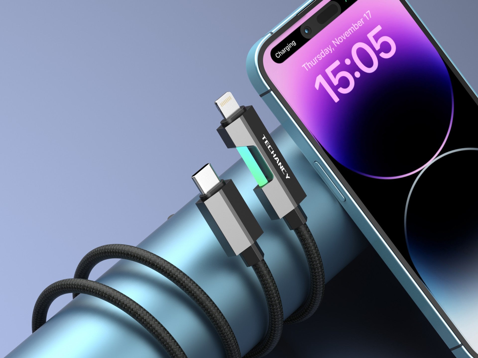 Techancy USB-C to Lightning Cable TB1797, 1 Meter/30 Watts, RGB Lights, Aluminum Braided, Compatible with iPhone 11-14 Black