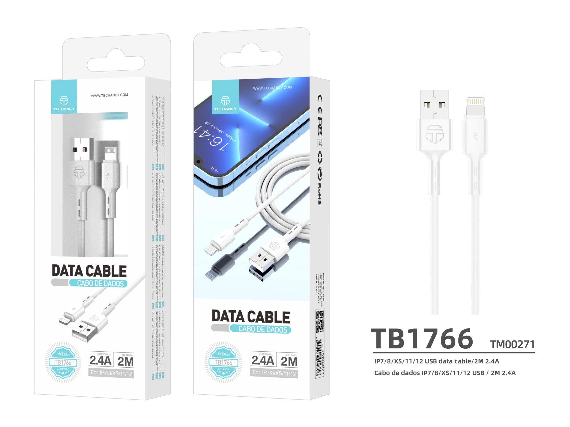 Techancy Cabo De Dados De 2m TB1766, 2,4a Para Carregamento Do Ip8/X/11-14 Utilização A Longa Distância Mais Cómoda.