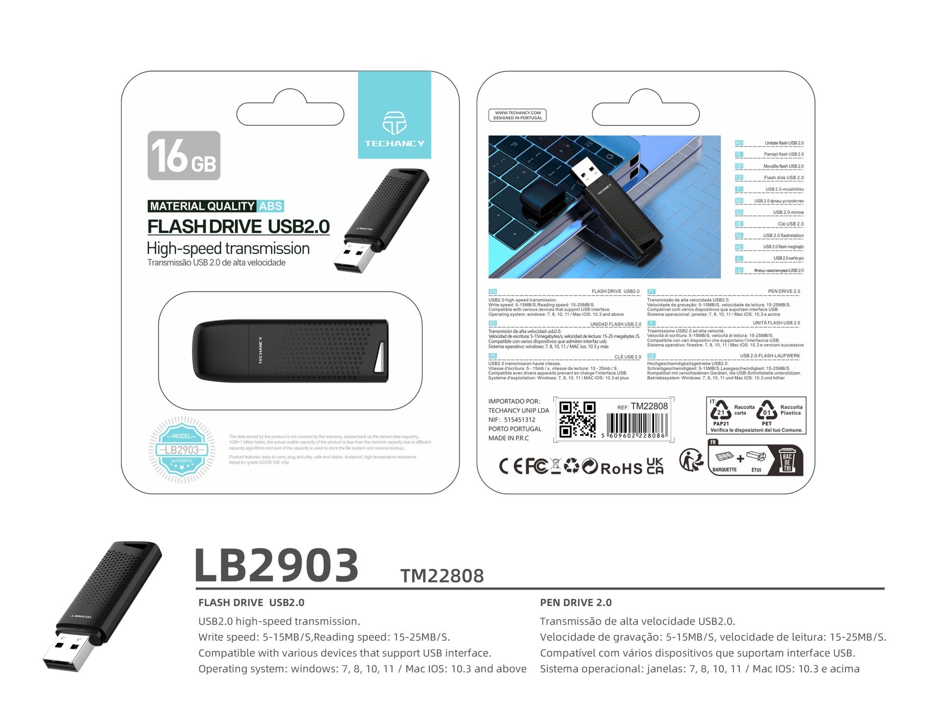 Unidad flash USB Techancy de 16 GB, color negro, LB2903, USB 2.0, compatible con PC, dispositivos móviles y Mac, almacenamiento seguro de archivos.