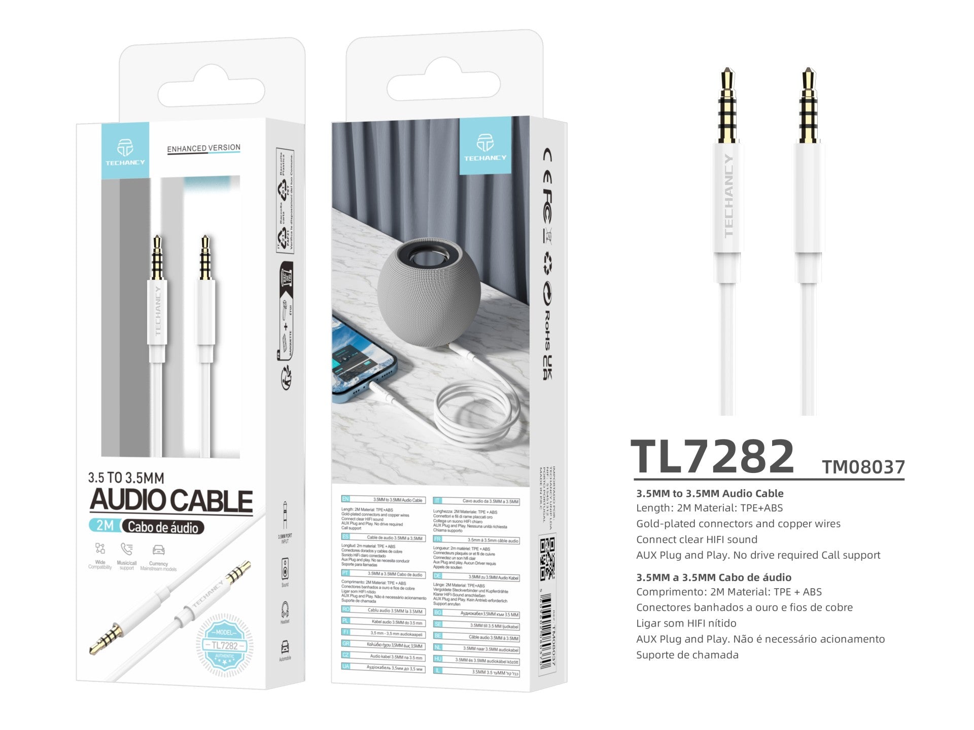 Techancy Cabo de áudio de 3,5MM da TL7282, 2 metro, Plug and Play, para estéreo de carro, estéreo, computador, branco