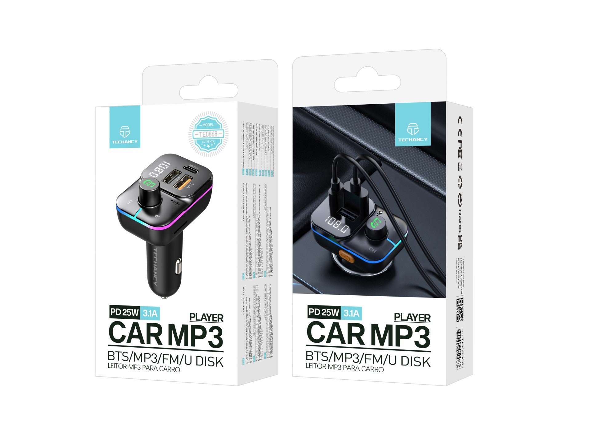 Techancy Transmissor Fm Para Automóvel  TE0868, Carregamento Rápido Pd De 25 W, Reprodução De Mp3, 7 Leds A Cores