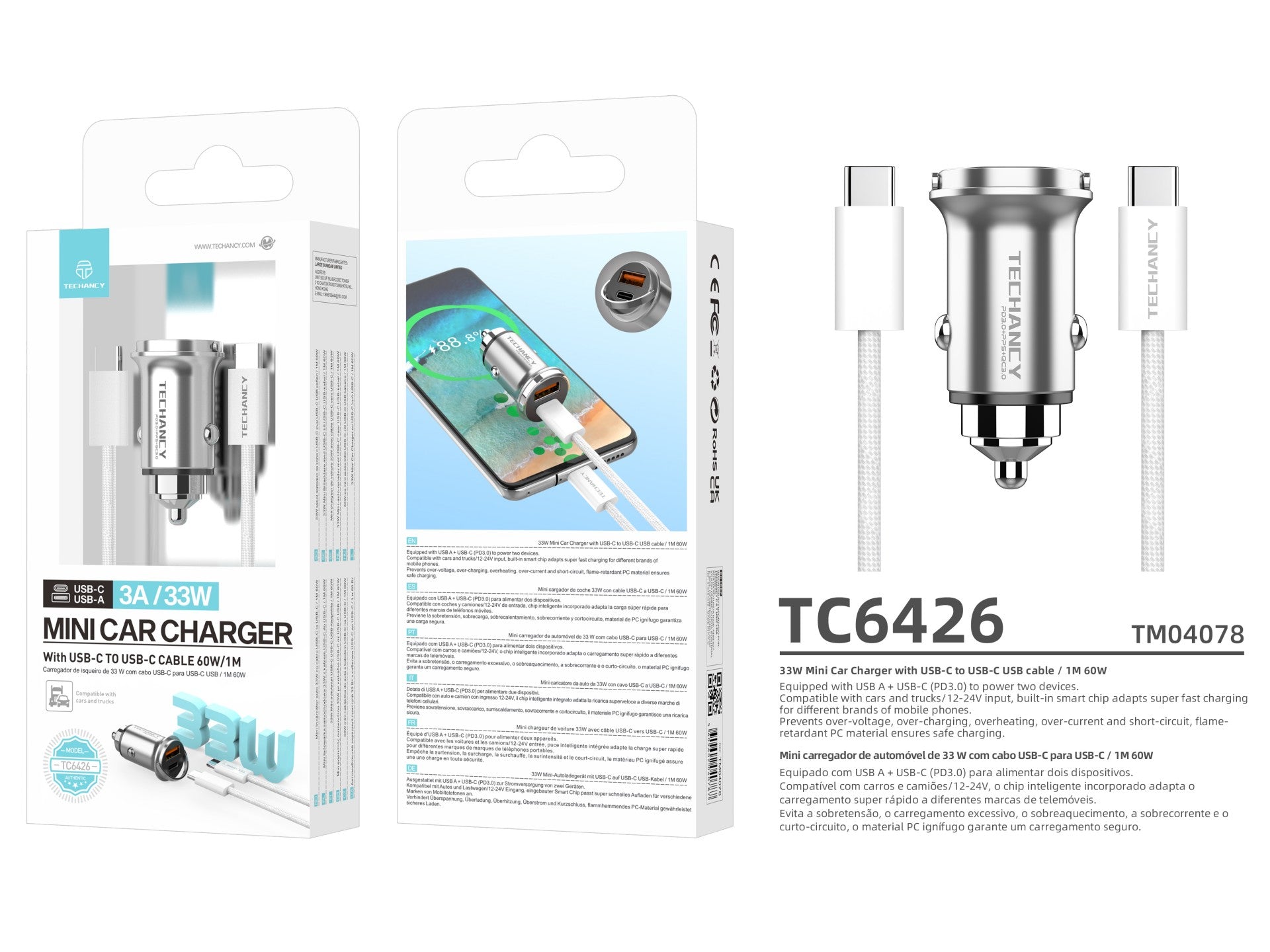 Techancy Mini Carregador TC6426, 33W, USB-A+USB-C, com Cabo USB-C para USB-C de 1m, Liga de AlumInio, Seguro e Confiavel