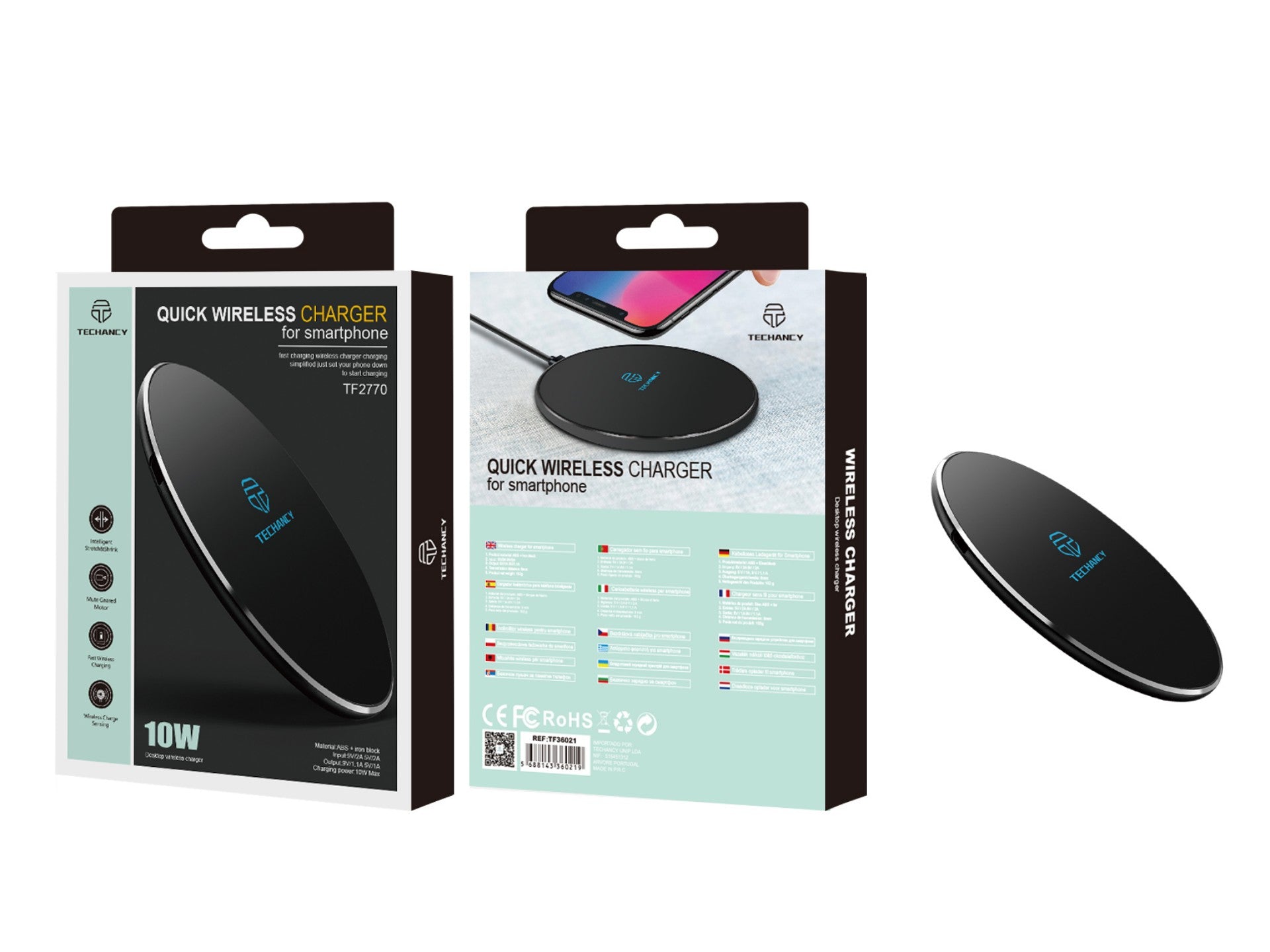 Cargador inalámbrico Techancy de 10 W para teléfonos móviles, TF2770, compatible con teléfonos Android y Apple, color negro