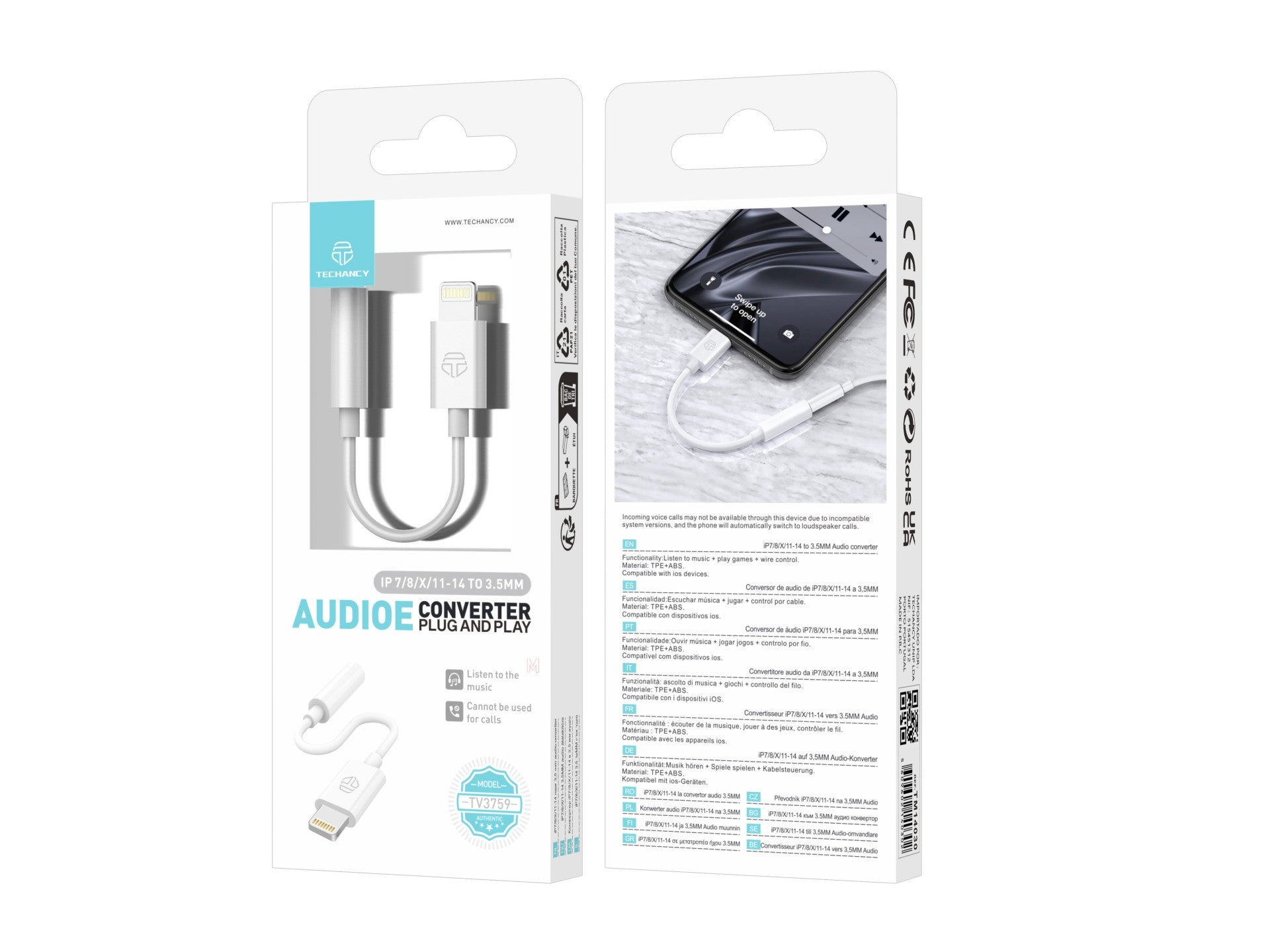 Convertidor de audio Techancy IP7/8/X/11-14 a 3,5 mm TV3759, compatible con música y juegos, compatible con dispositivos iOS, Plug and Play