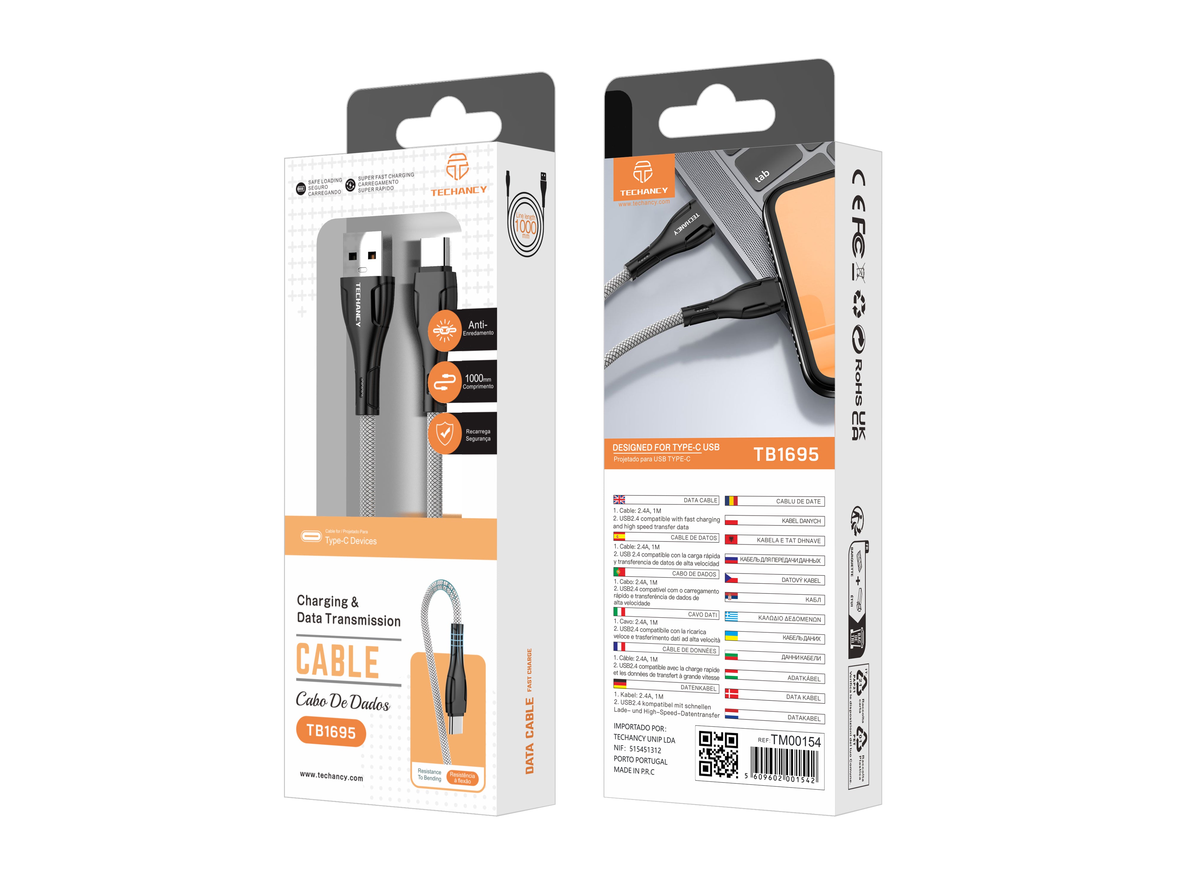 Techancy Cabo De Dados Usb-Tipo-C Preto TB1695, Carregamento De 2,4 A, Transferência De Dados Compatível