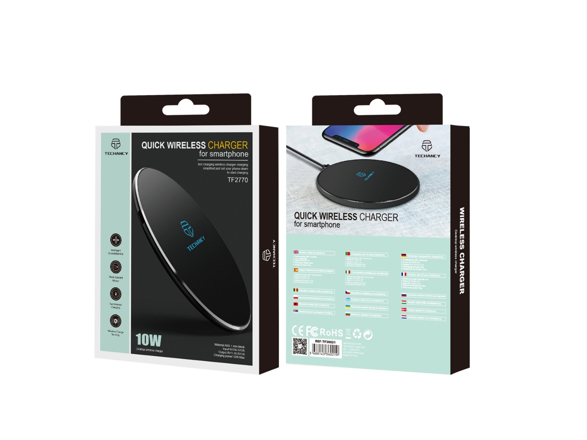 Cargador inalámbrico Techancy de 10 W para teléfonos móviles, TF2770, compatible con teléfonos Android y Apple, color negro