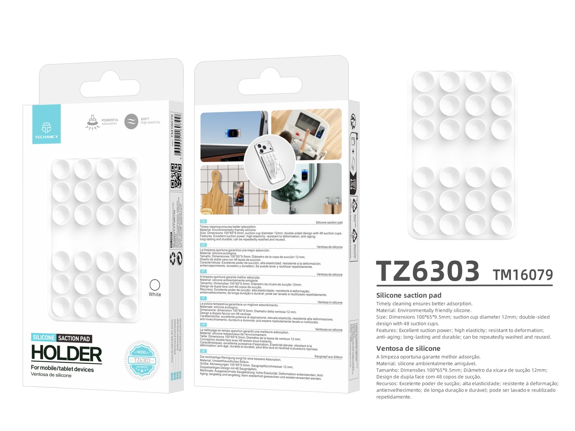 Techancy Suporte com Ventosas de Silicone TZ6303 Forte Aderencia Reutilizavel Estavel Antiderrapante para Telemovel e Tablet Branco