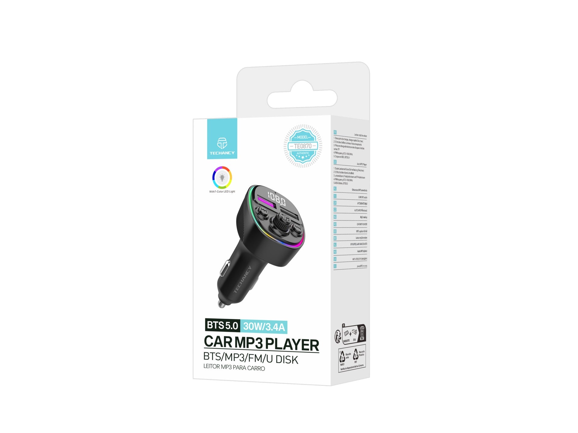 Techancy Transmissor Fm Para Automóvel  TE0870, Carregamento Rápido Pd De 30 W, Reprodução De Música Mp3, Entrada De 12-24 V