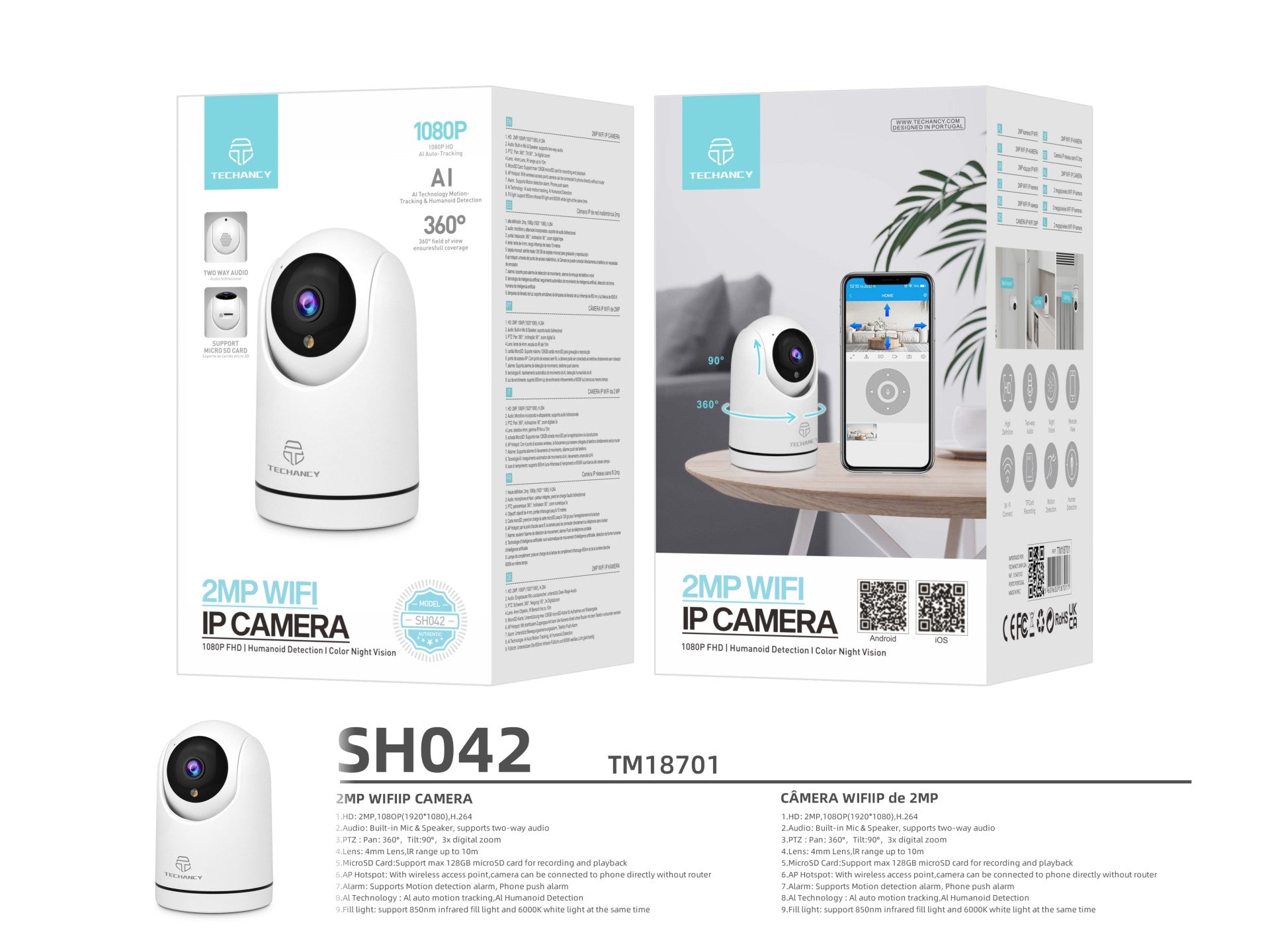 Techancy SH042 White Wireless Surveillance Camera, 360° Indoor, 1080p HD Night Vision, Wi-Fi Two-Way Audio