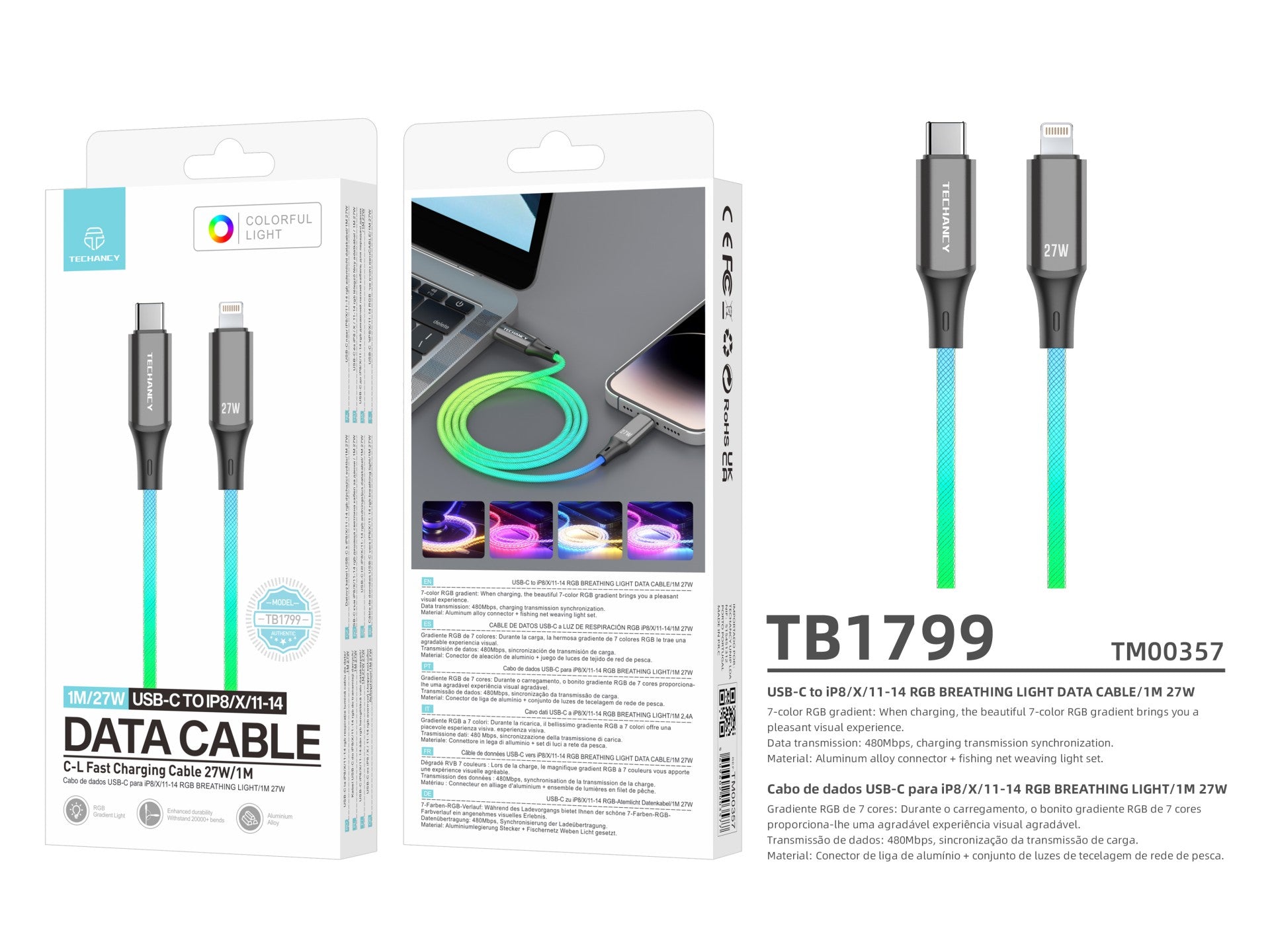 Techancy Cabo De Dados De 1m TB1799, Usb-C Para Ip11-14, Efeitos De Iluminação Rgb, Carregamento Rápido De 27w.