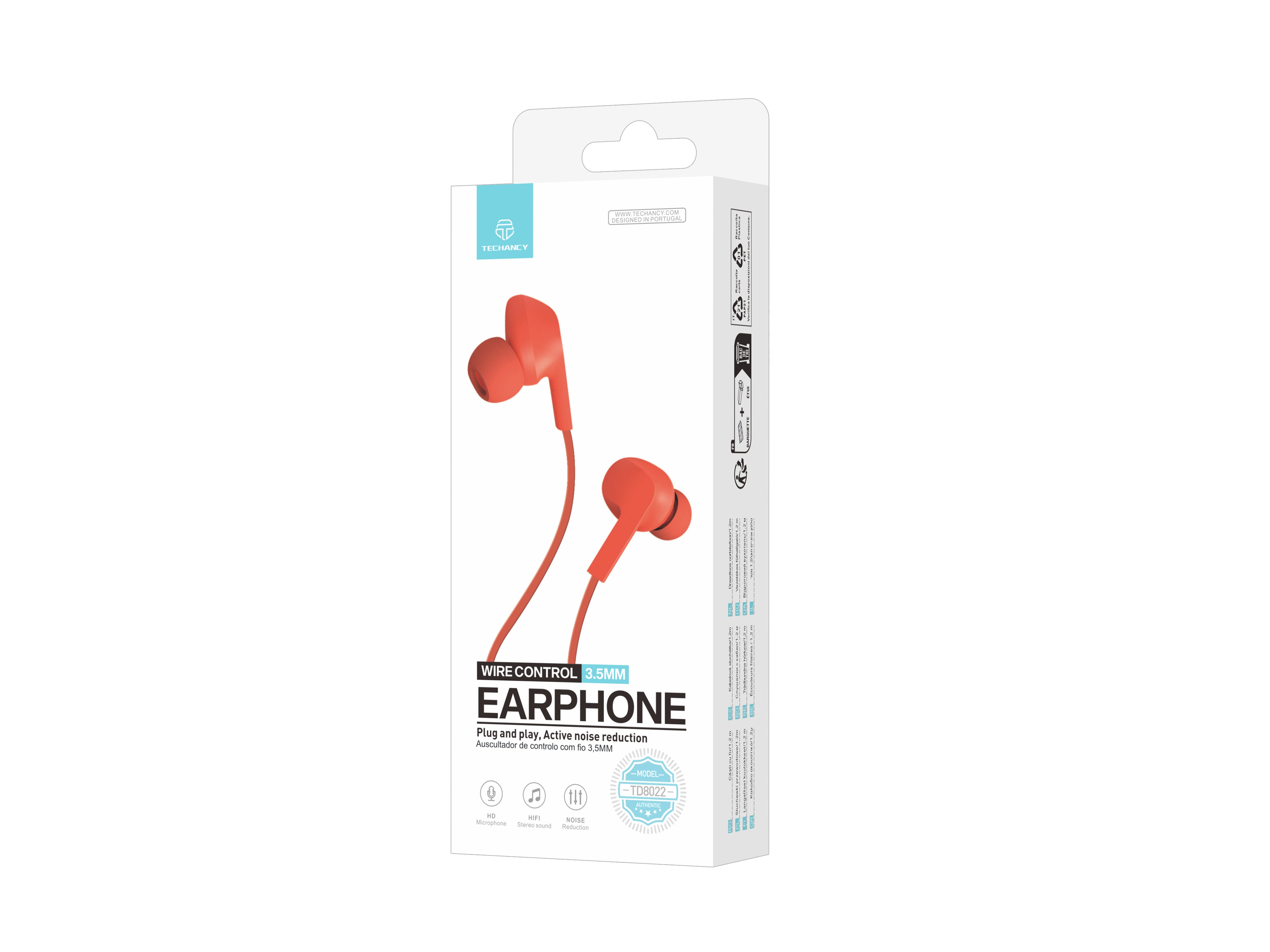 Techancy Auricular Com Fios Laranja TD8022 , Microfone Integrado, 3,5 Mm, Compatível Com Smartphones E Tablets