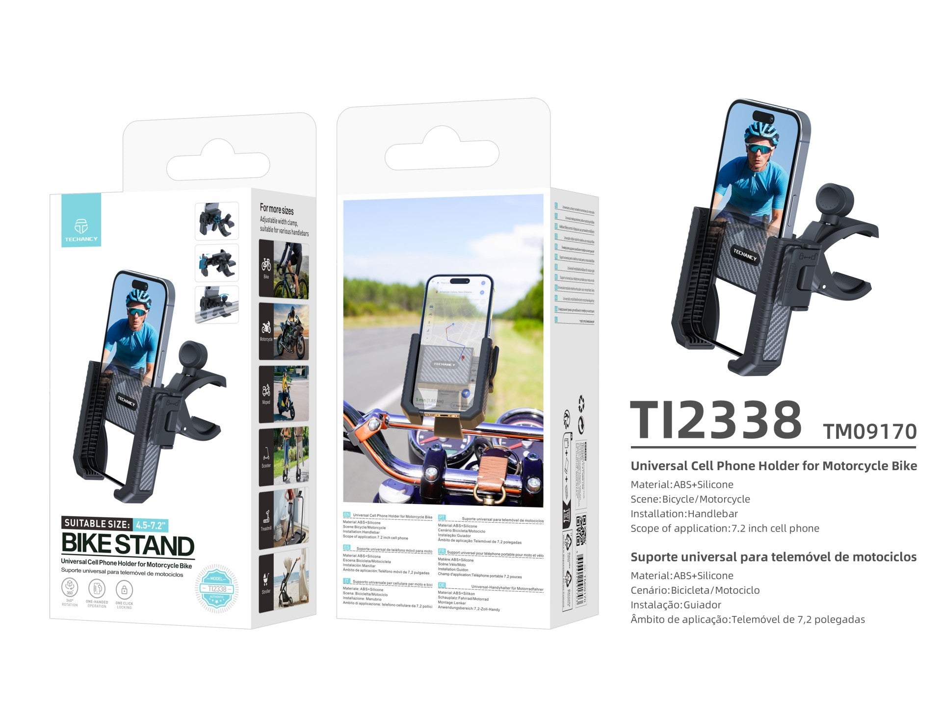 Techancy Suporte Universal para TelemOvel TI2338, Compatível com Bicicleta/Motociclo, 4.5-7.2 Polegadas, ABS+Silicone, Preto