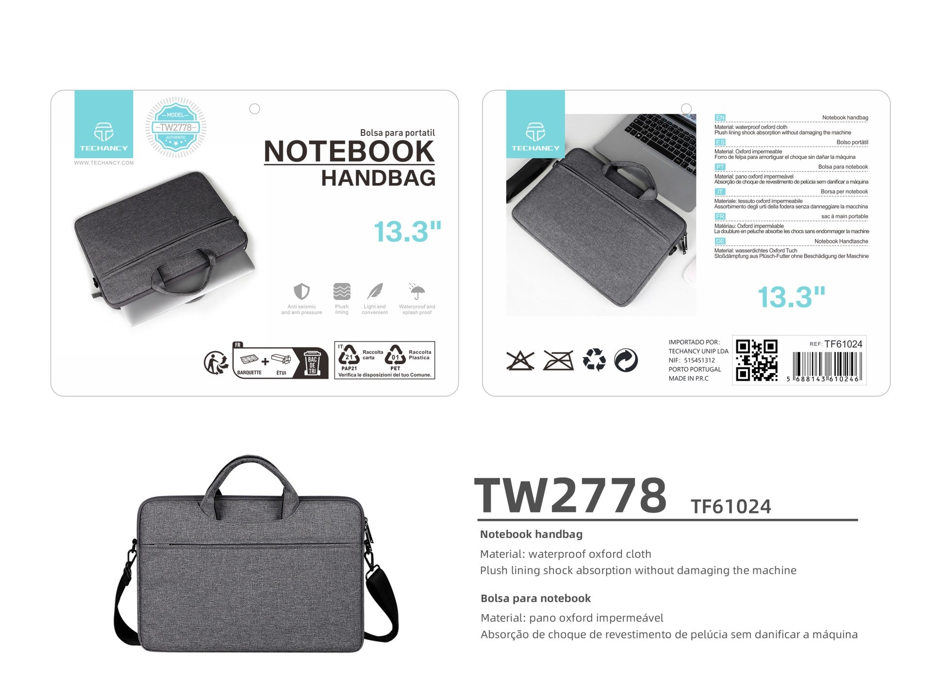Bolsa para portátil Techancy TW2778, negra, 13,3 pulgadas, correa ajustable
