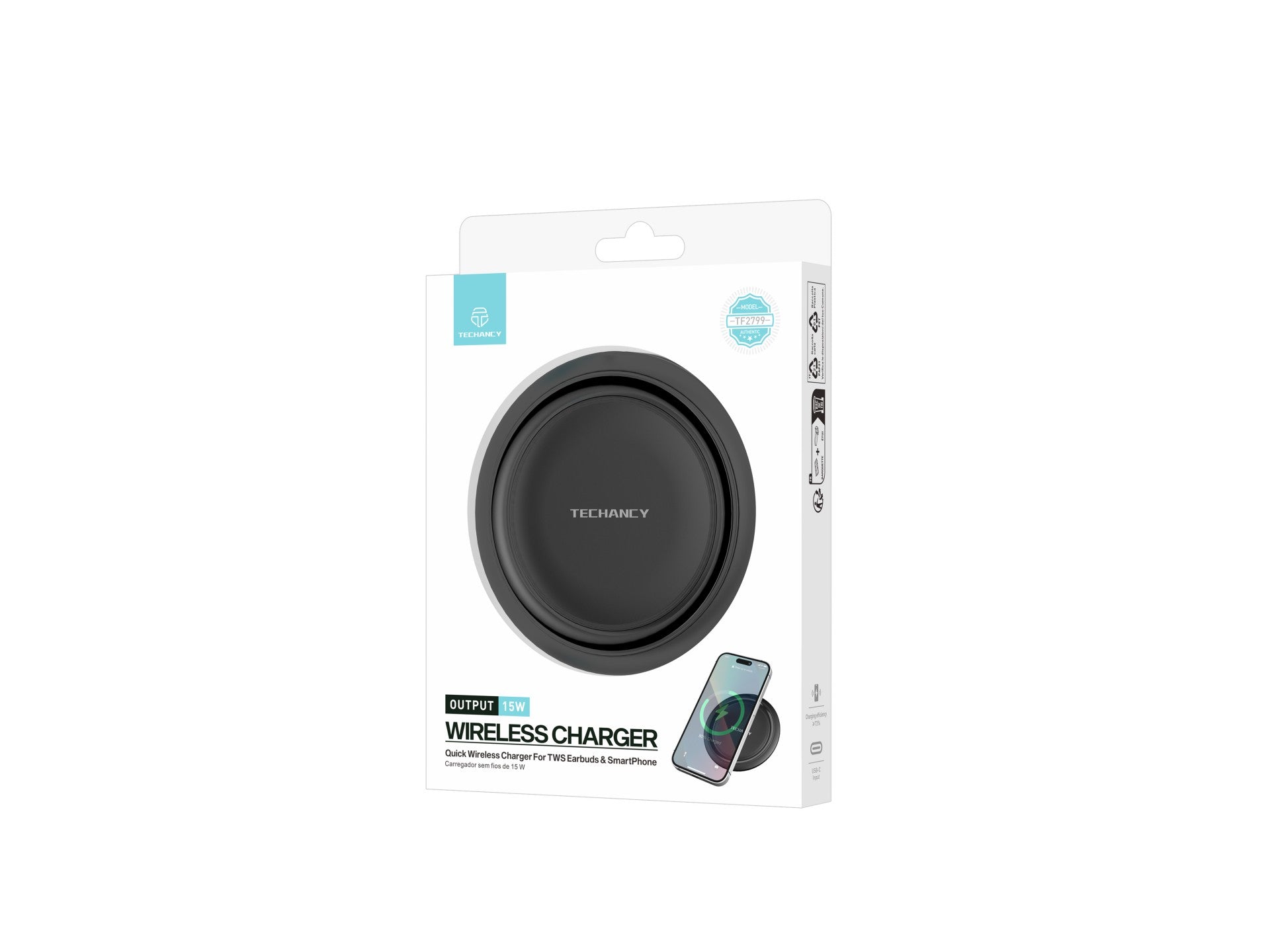 Techancy Carregador sem fio  15W TF2799, compatível com várias marcas de smartphones, carga rápida e segura, leve e portátil