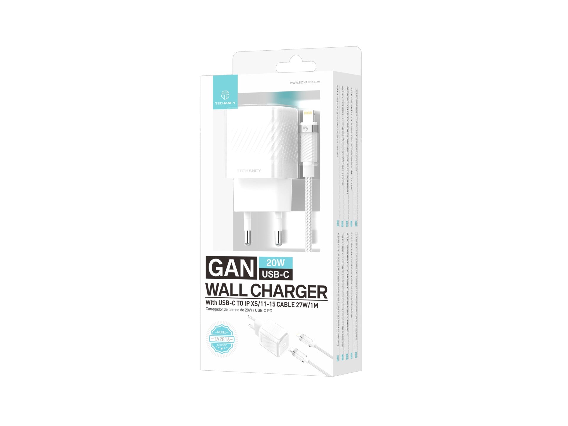 Techancy Carregador De Telemóvel De 20 W Branco TA2816, Carregamento Rápido Usb-C Pd Gan, Conjunto De Cabos Usb C Para Lightning 1m/30w
