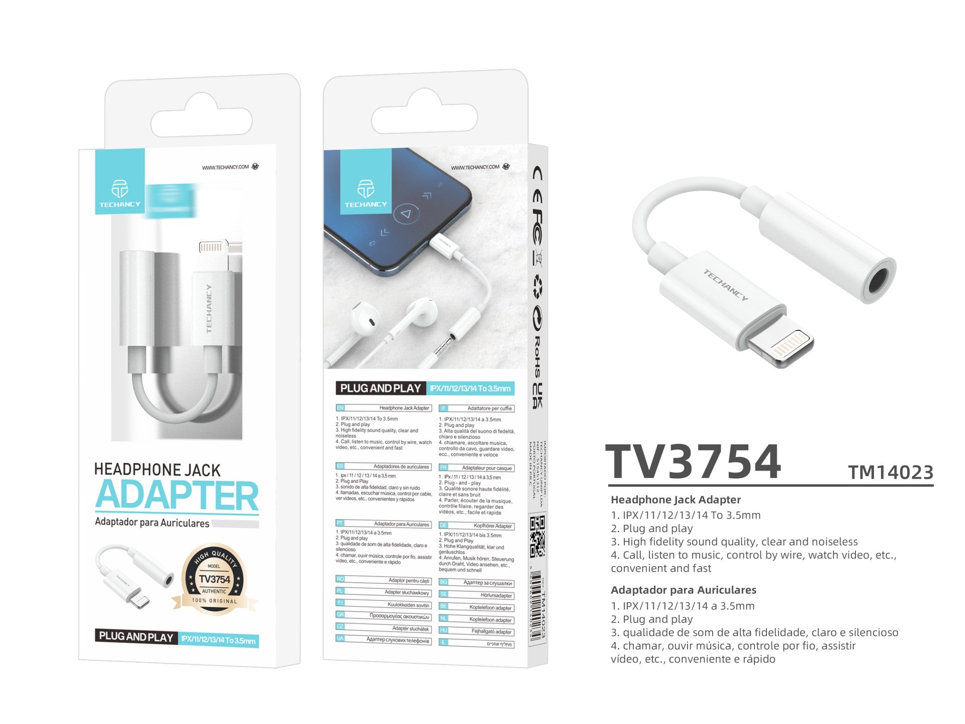 Convertidor de audio Techancy TV3754, Plug and Play, compatible con IP8/X/11-/14, auriculares estéreo de 3,5 mm.