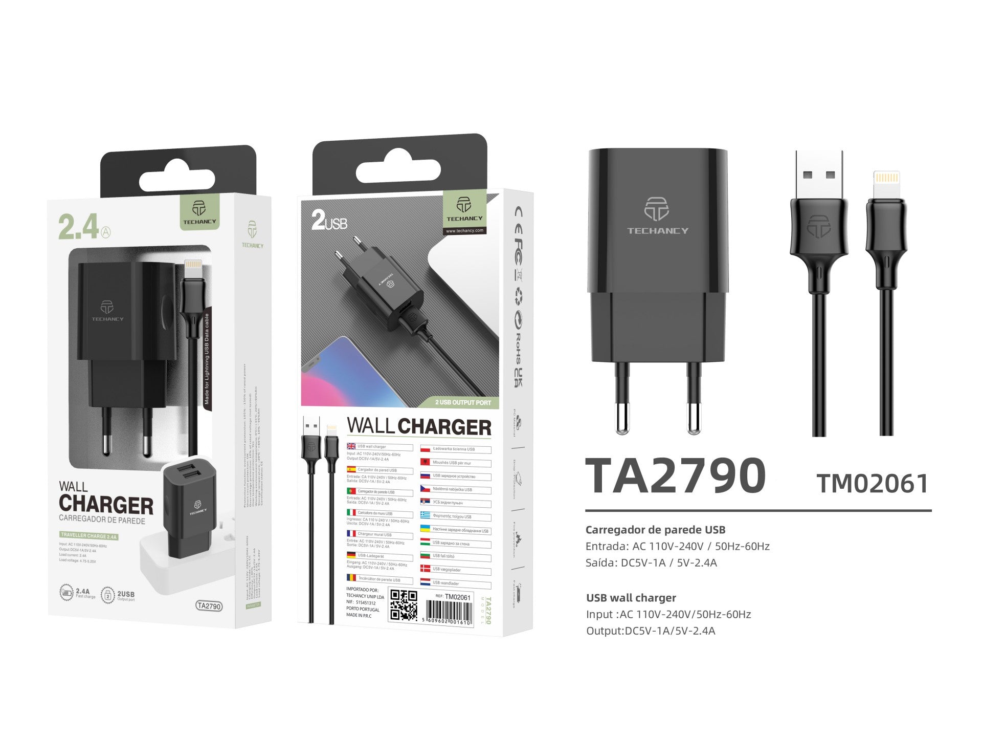 Cargador de pared Techancy TA2790 negro con 2 USB, carga de 5 V-2,4 A, cable Lightning de 1 m, compatible con iPhone/iPad