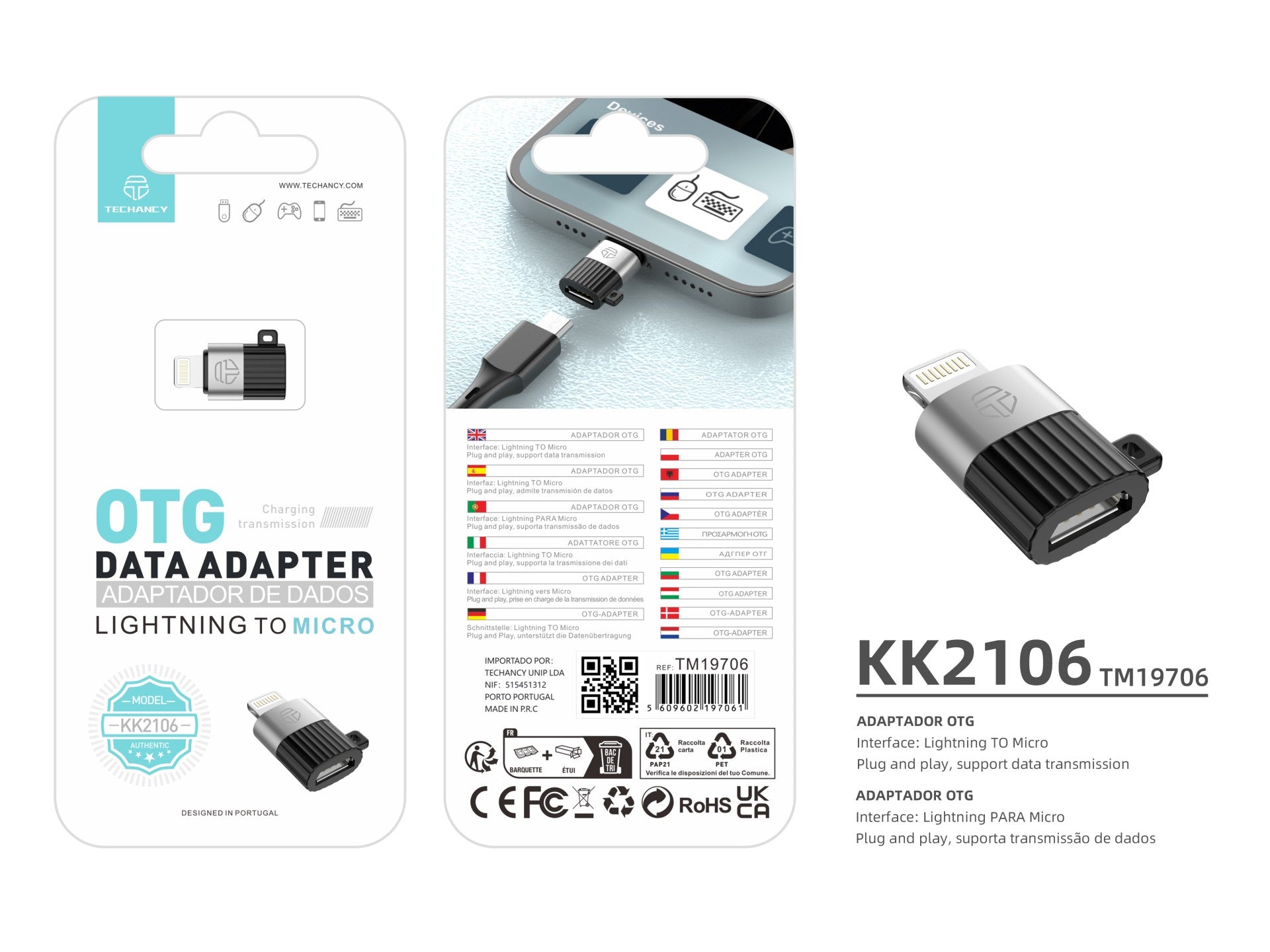 Techancy OTG Adapter, KK2106, Lightning to Micro, Supports Charging and Data Transfer, Compact and Portable