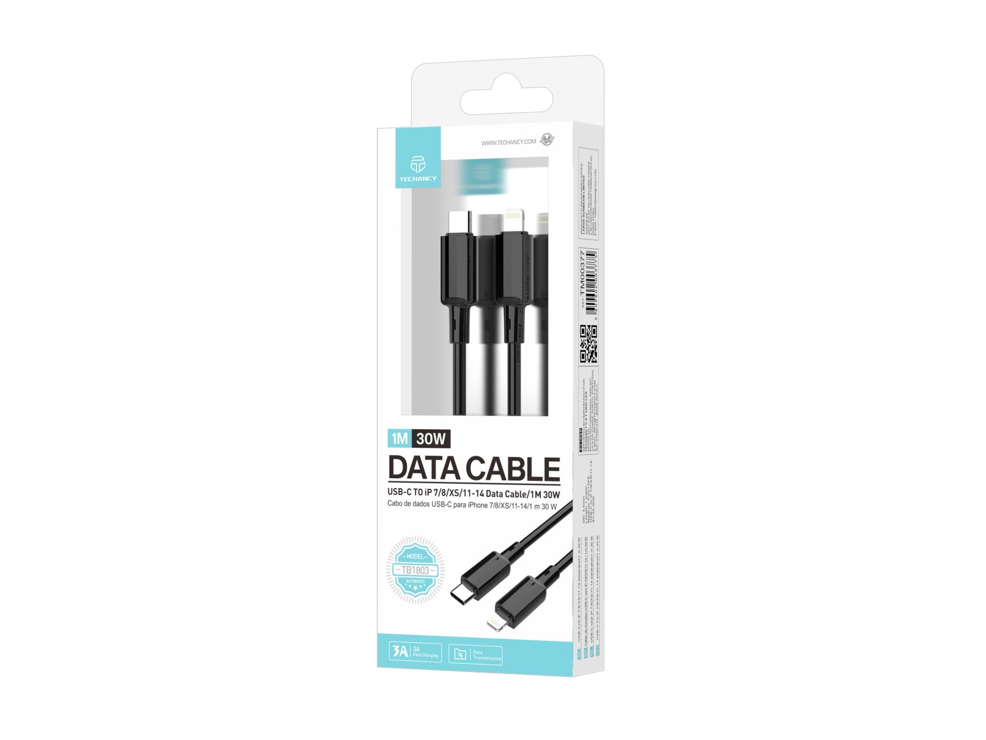 Techancy Cabo USB C para Lightning TB1803 1m 30W Carregamento rapido e dados iPhone 7 8 XS 11 12 13 14 Preto