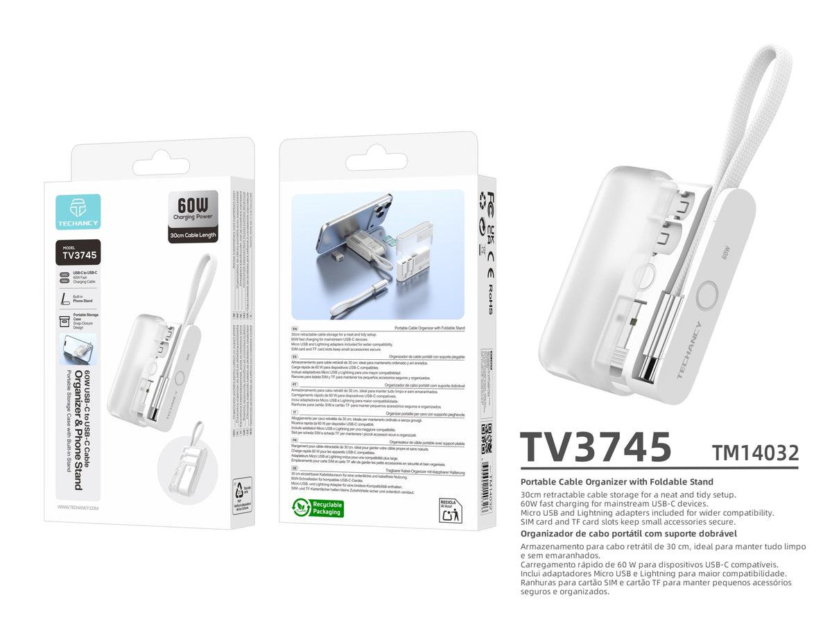Kit com Cabo USB-C 60W TECHANCY TV3745, 30 cm, Estojo com Suporte Dobravel, Adaptadores Micro USB e Lightning