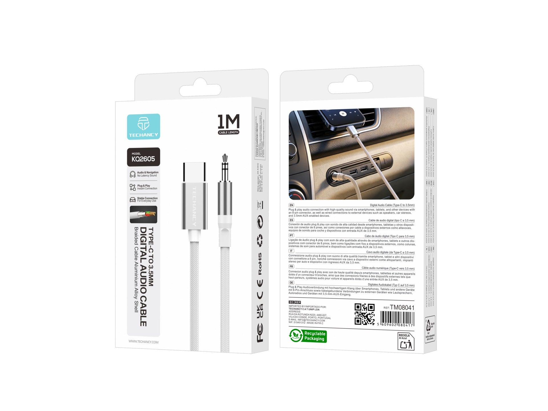 Techancy KQ2605 Type-C to 3.5mm Digital Audio Cable, 1M, Braided, Compatible with Mobile Phones, Car Audio and Headphones, White