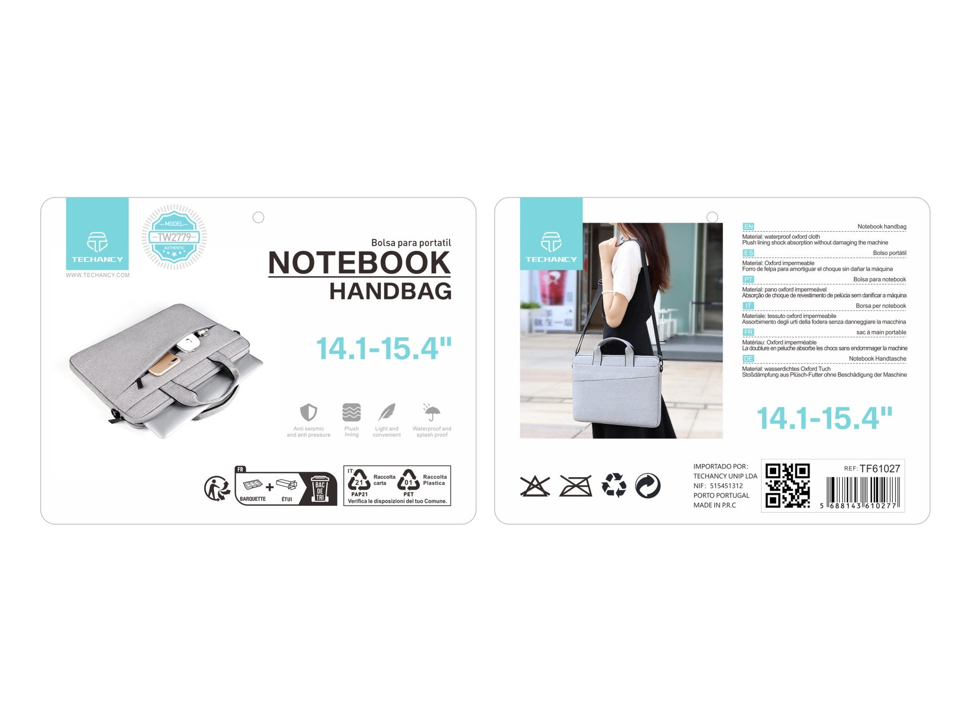 Bolsa para portátil Techancy TW2779, gris, 14,1/15,4 pulgadas, correa ajustable