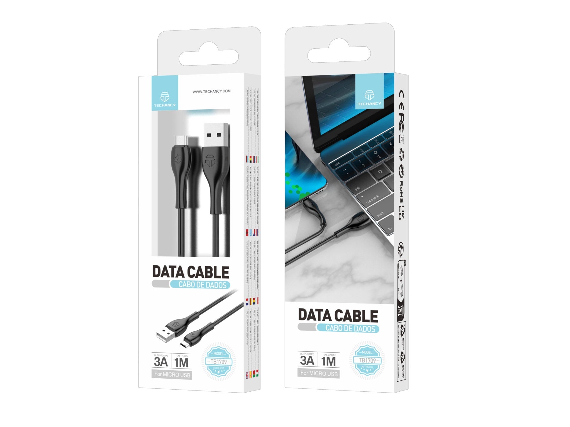 Techancy Cabo De Dados Rápido 3a TB1709, Conetor Usb-Micro, 1 Metro De Comprimento Para Transferência De Dados, Preto