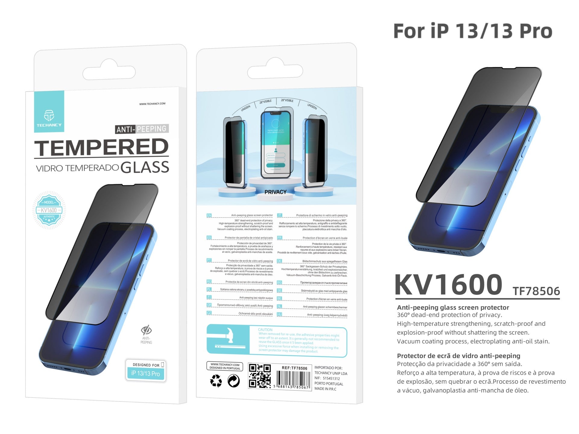 Protector de pantalla premium Techancy para smartphone, Privacy Guard, KV1600, compatible con iPhone 12/12 Pro