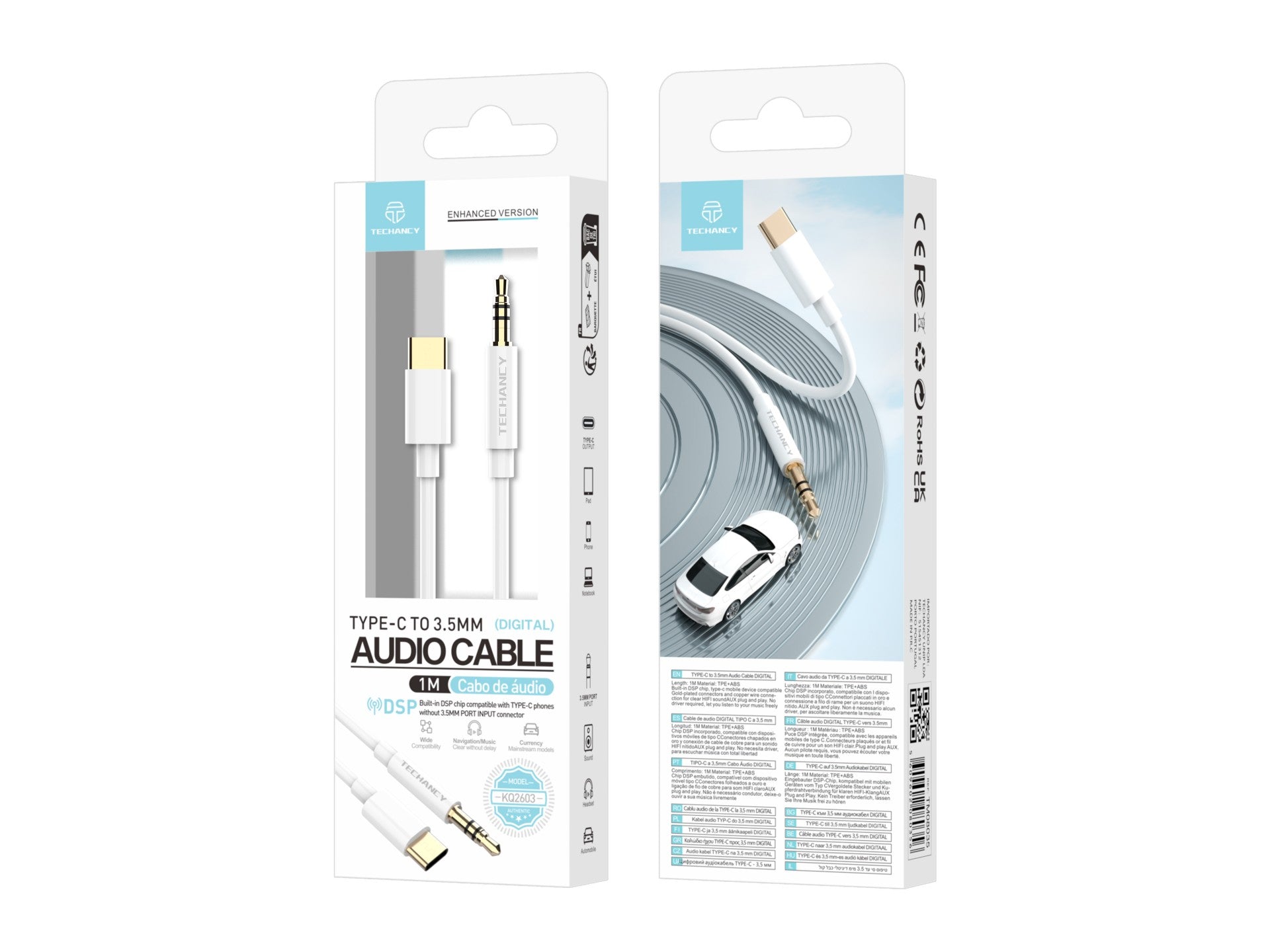 Techancy Automotive Aux Audio Cable  KQ2602, Tipo-C Para 3,5 Mm, 1 Metro, Qualidade De Som Hifi,Branco