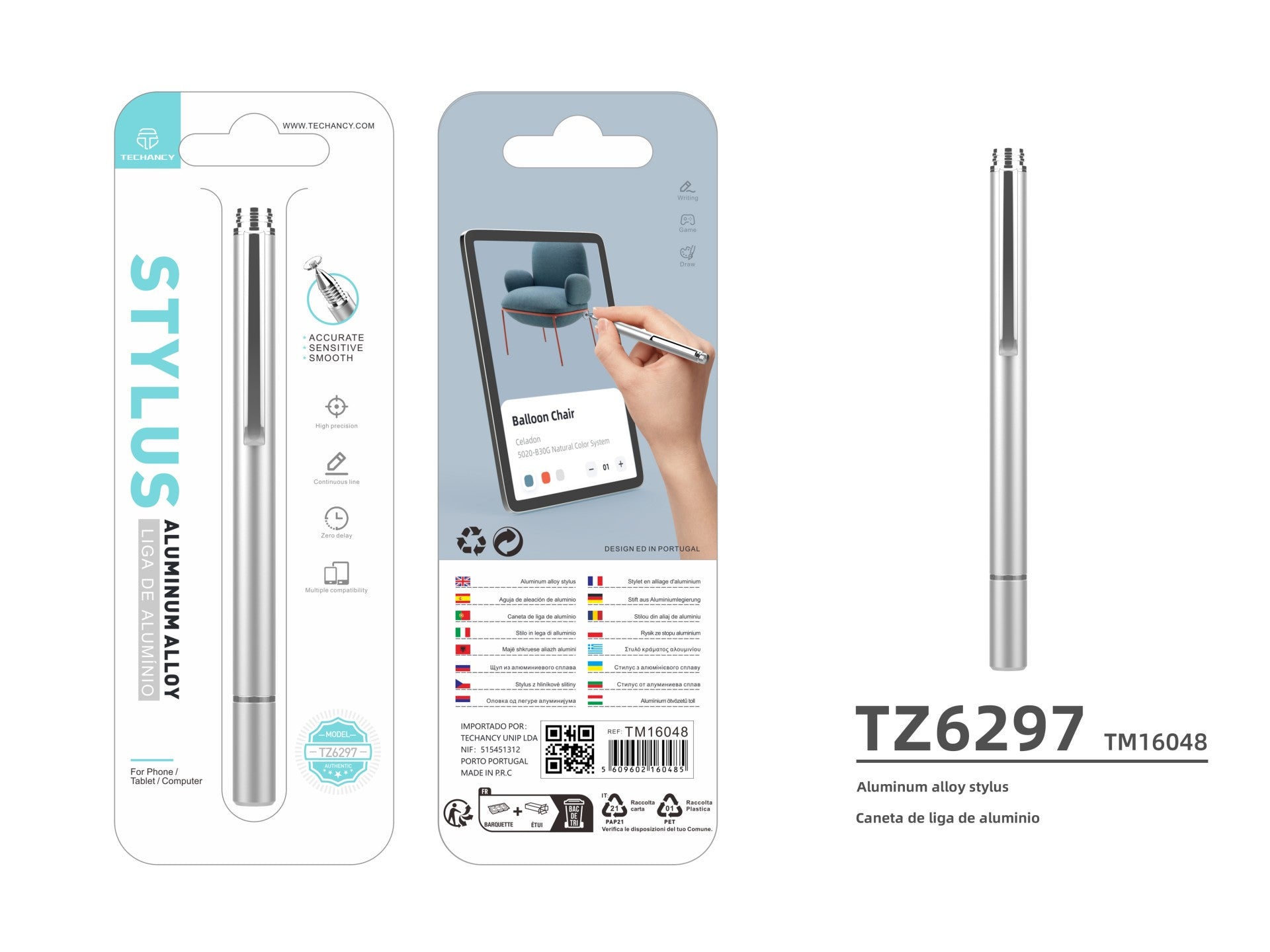 Techancy Caneta Stylus De Alumínio Prateada TZ6297, Aspeto Elegante Sensibilidade Precisa Para Telemóveis E Tablets