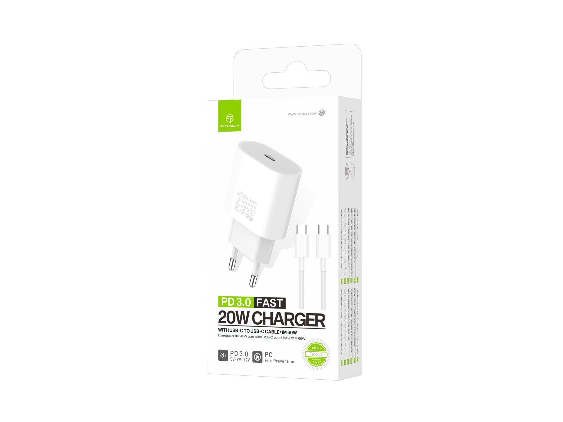 Techancy TA2824 PD3.0 20W Charger with USB-C to USB-C Cable Compatible with Tablets Laptops Android Phones