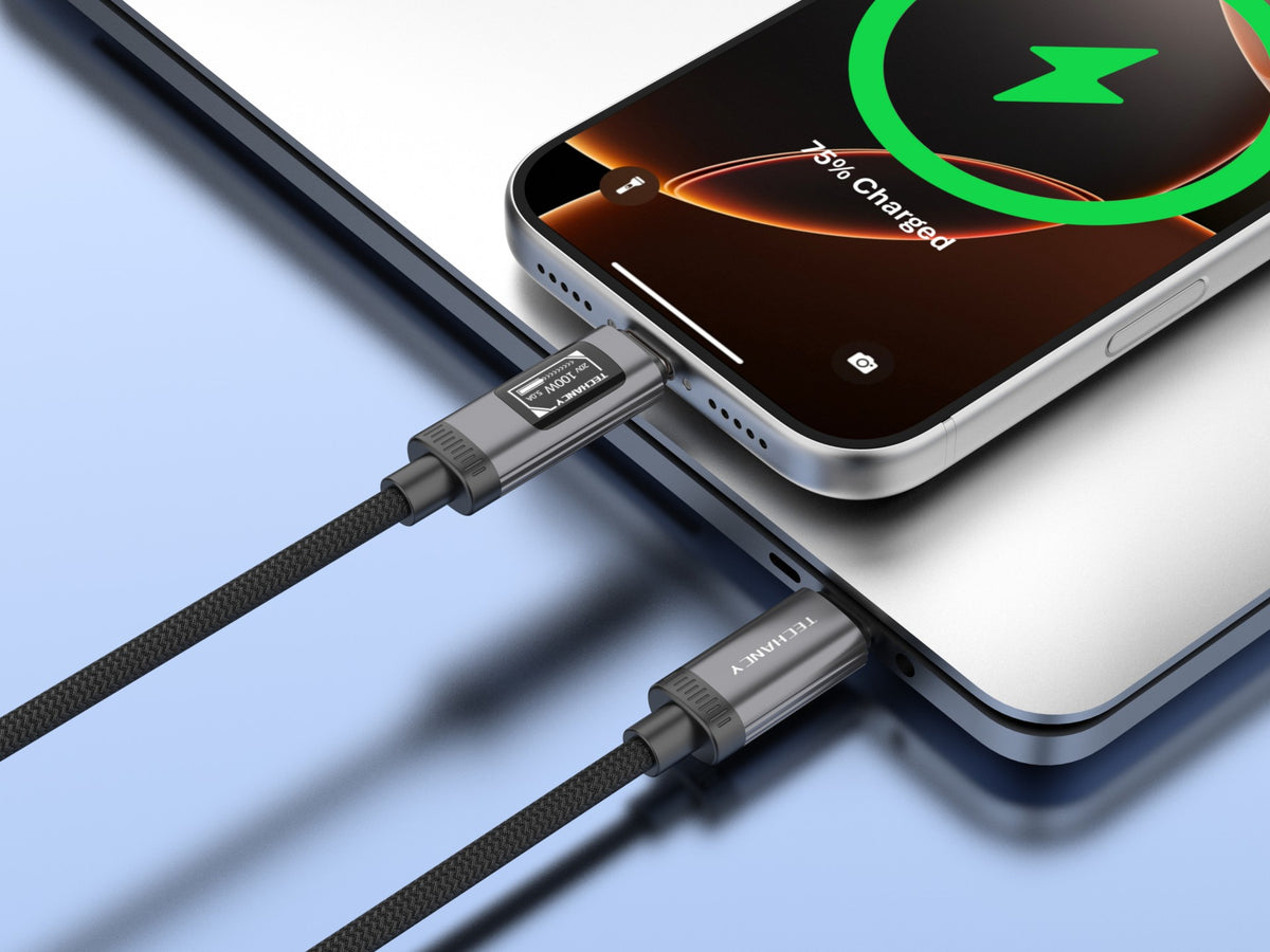 Cabo USB-C para USB-C 100W TECHANCY TB1807, 1 m, Ecra Digital OLED, Nylon Entrancado, Dados 480 Mbps, Preto