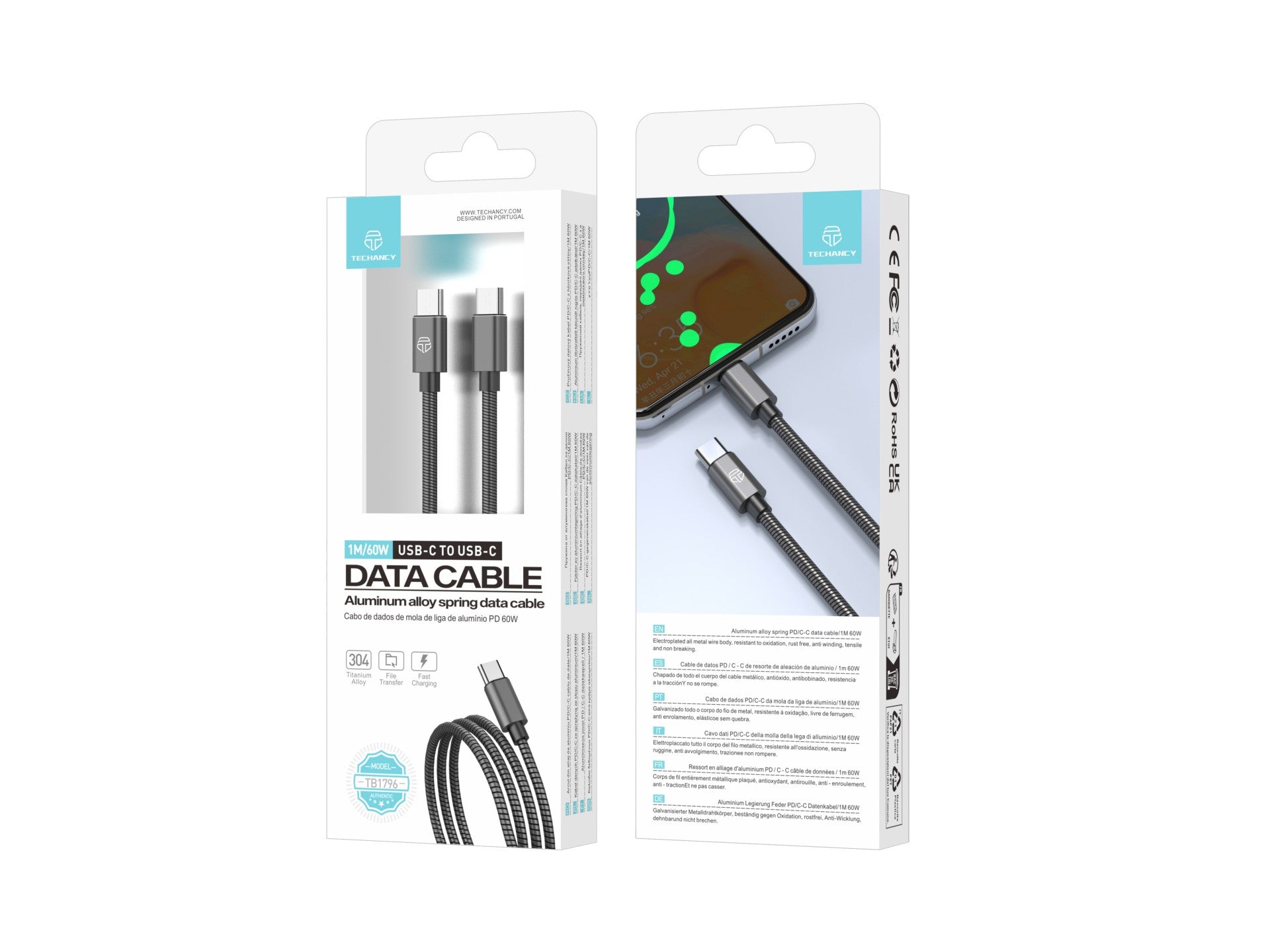 Techancy Cabo Usb C Para Lightning 1m TB1796, Design Totalmente Metálico, Resistente A Animais, Carregamento Rápido De 30 Watts