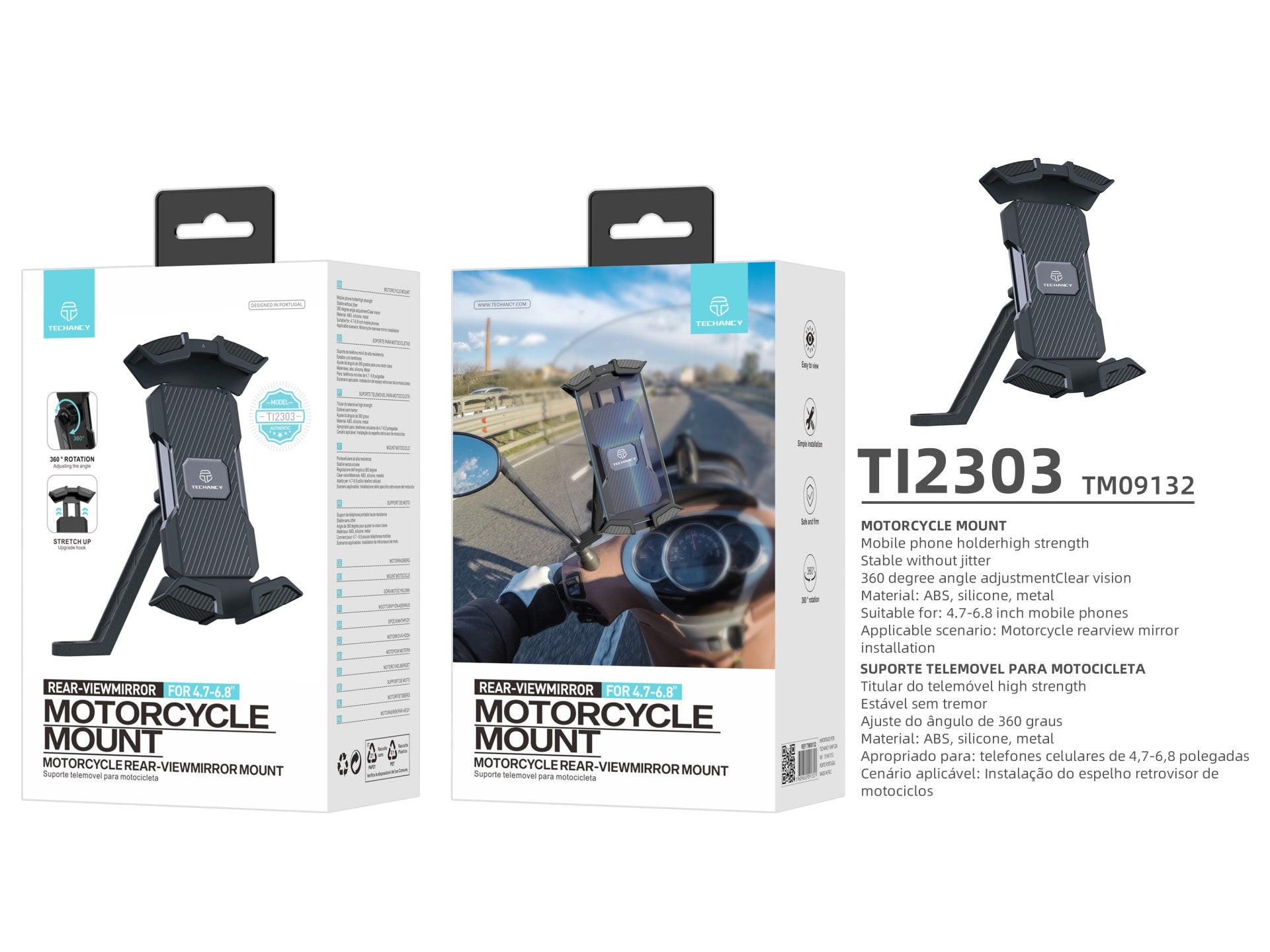 Techancy Suporte Para Telemóvel De Mota Ti2303, 4,7-6,8 Polegadas, Suporte Para Espelho Retrovisor De Mota, Não É Fácil De Abanar.