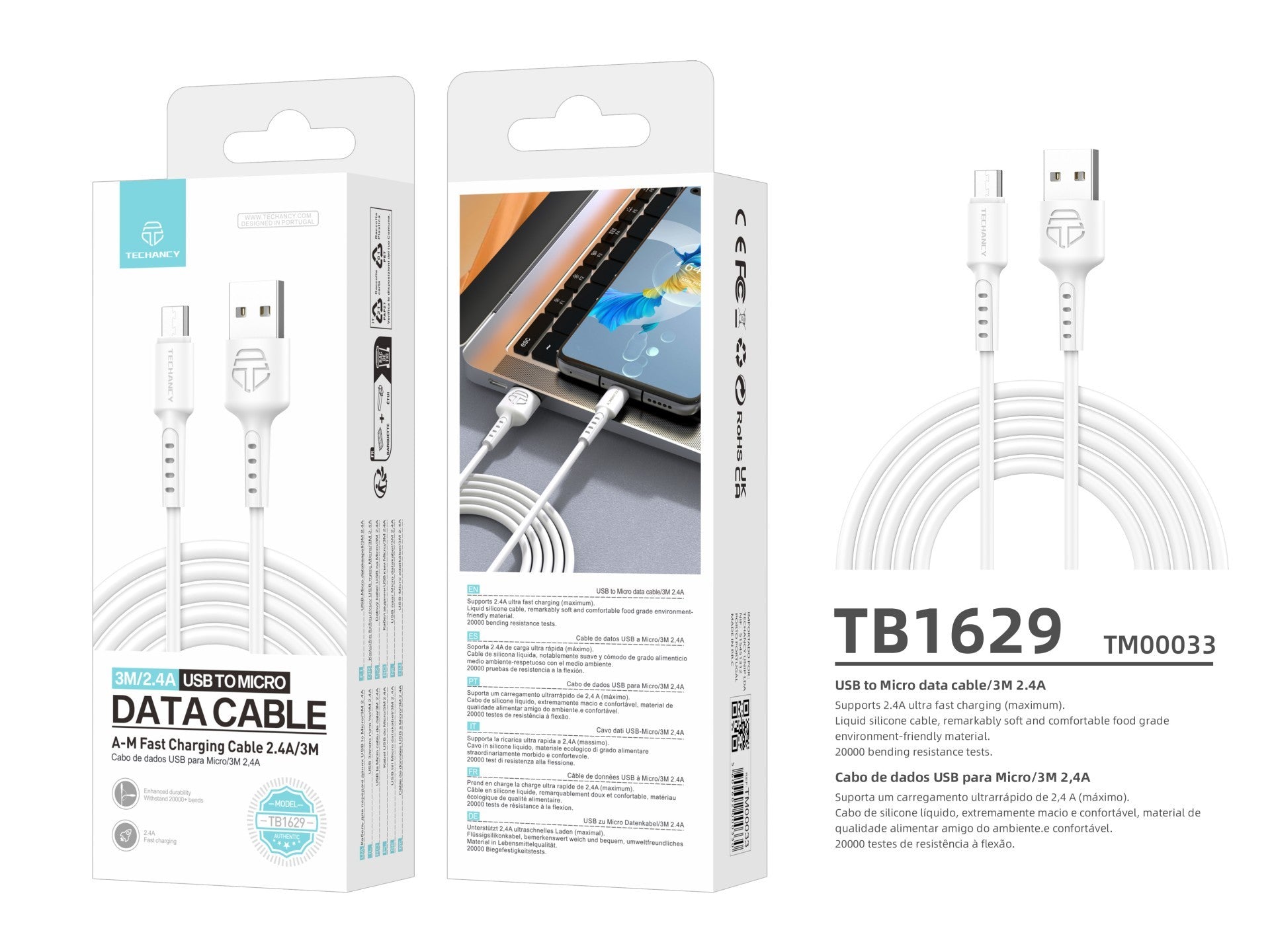 Techancy TB1629 White Data Cable, USB to Micro Fast Charging Cable, 3M/2.4A, Compatible with Android Devices